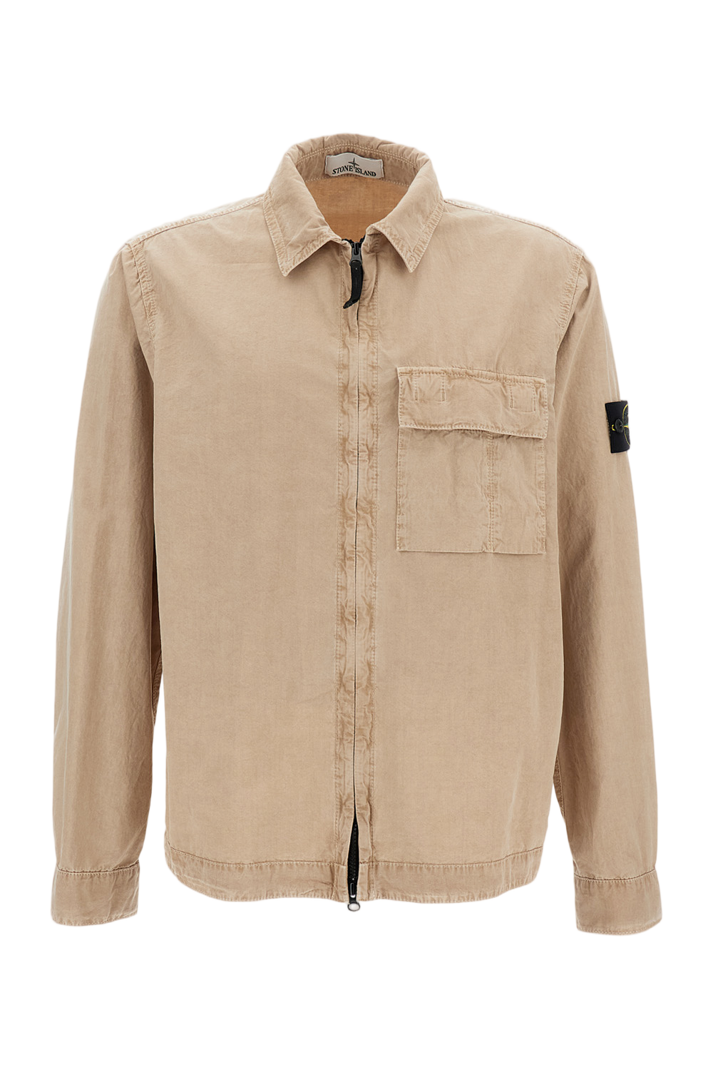 Beige Cotton Overshirt with Front Zip