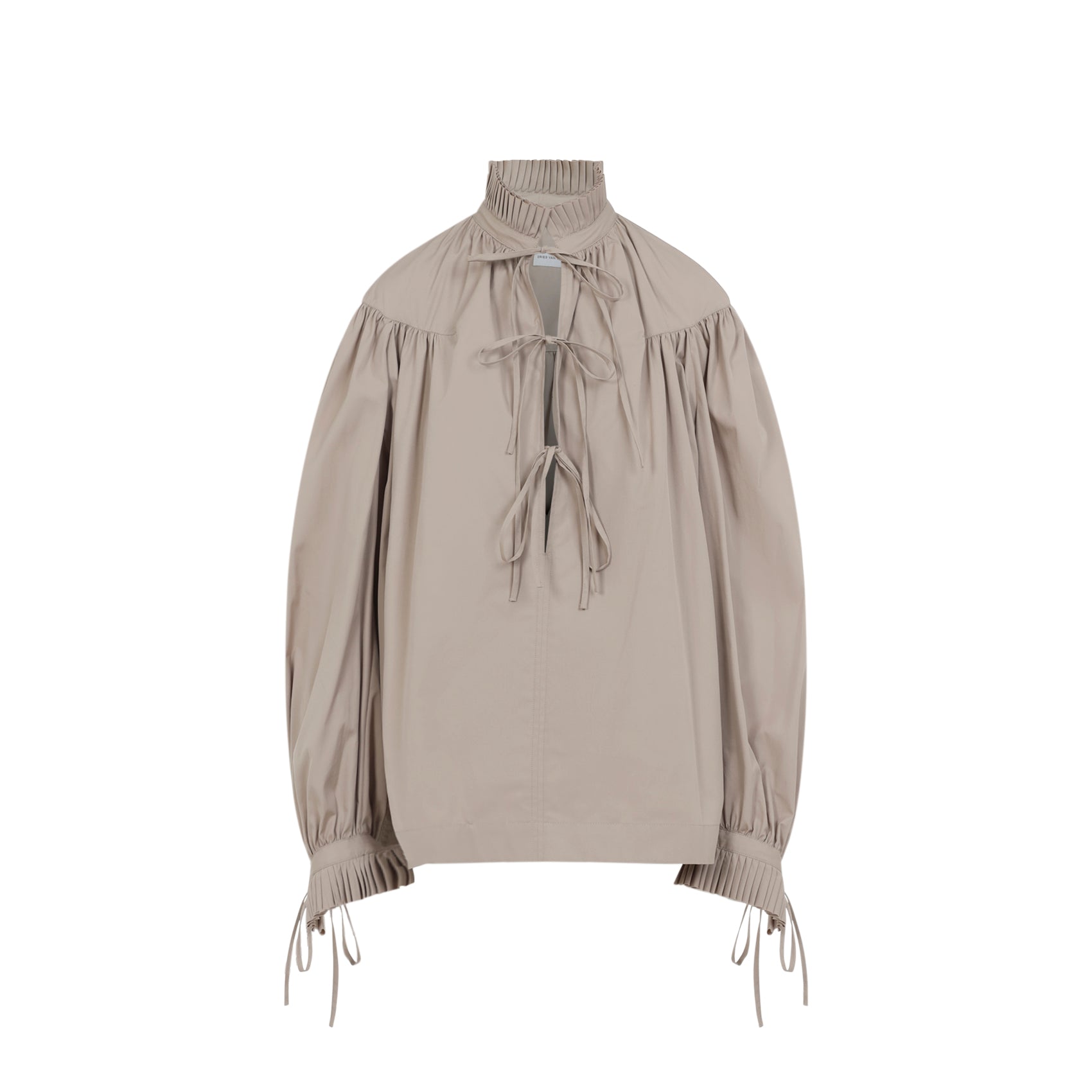 Loose-Fitting Long-Sleeved Shirt with Pleated Collar and Tied Bows