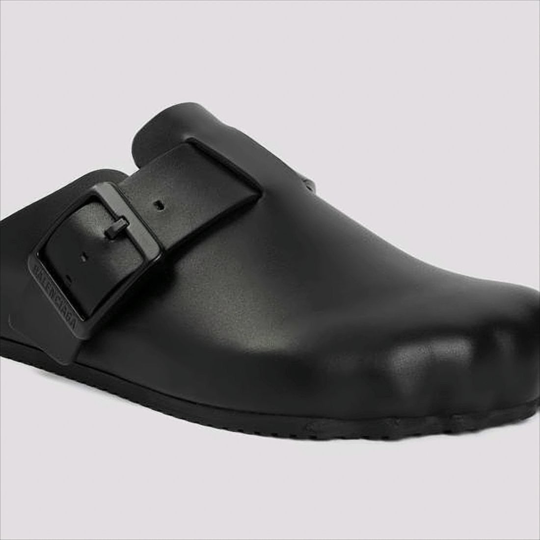 Black Calf Leather Mule with Statement Buckle