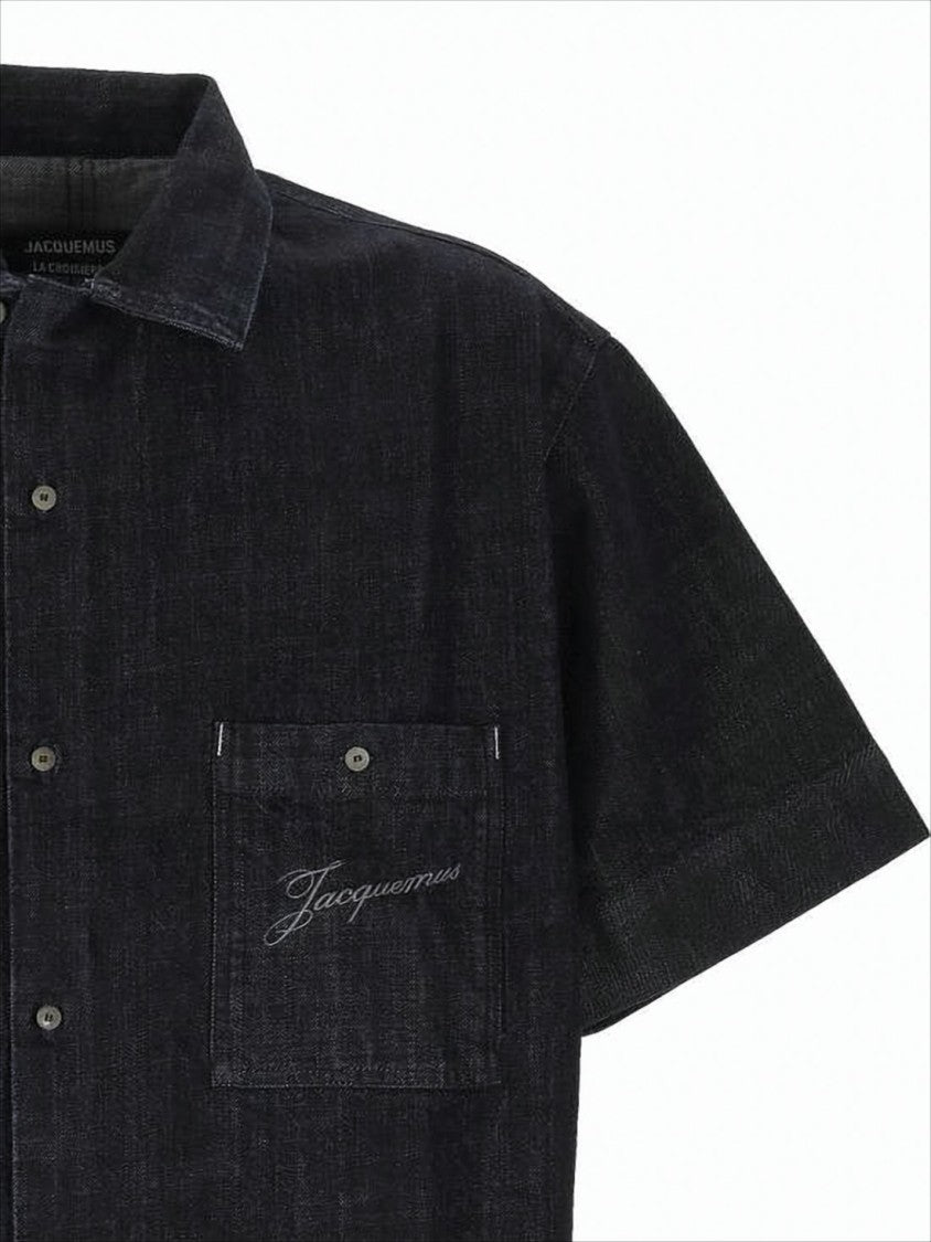 Cropped Boxy Cotton Shirt With Classic Collar And Embroidered Pocket