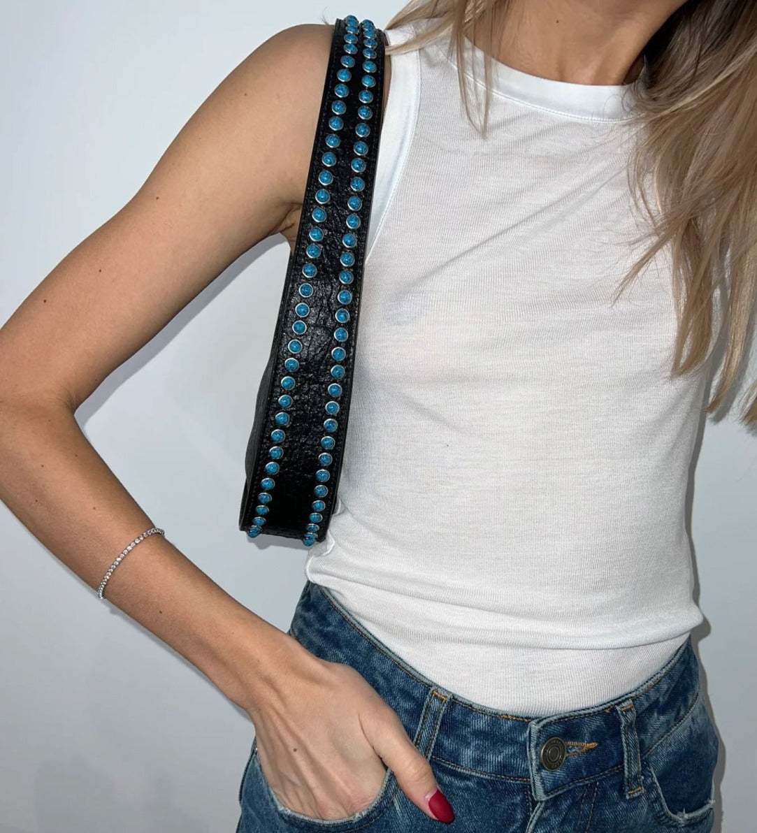 Structured Black Shoulder Bag With Brass-Studded