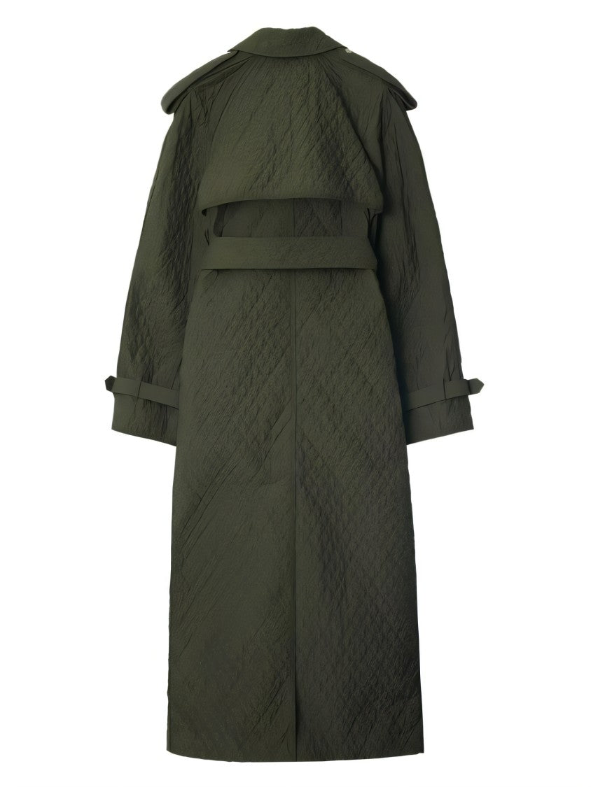 Quilted Green Long Coat with Belted Waist