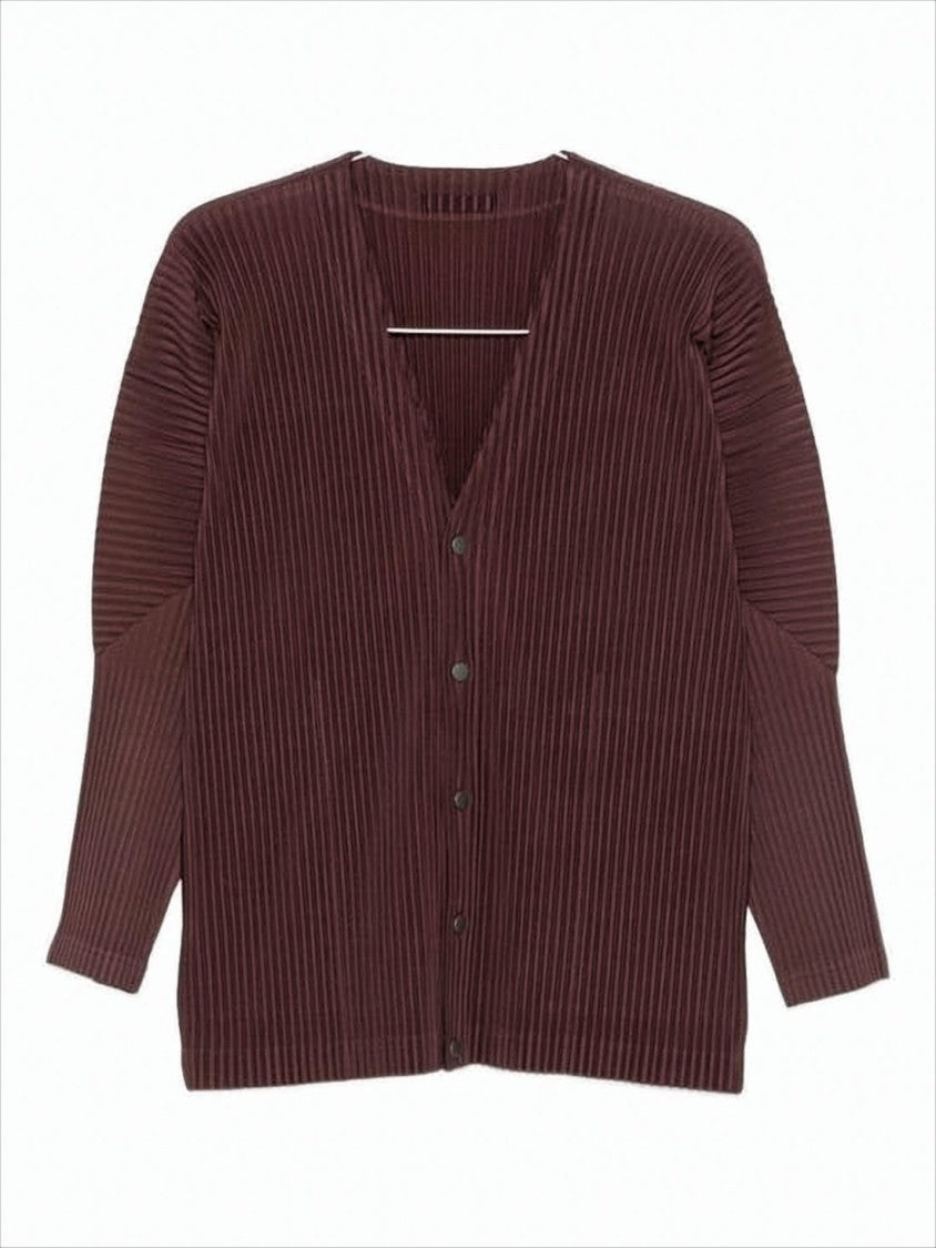 Button-Up Textured Cardigan With Deep V-Neckline And Vertical Pleats