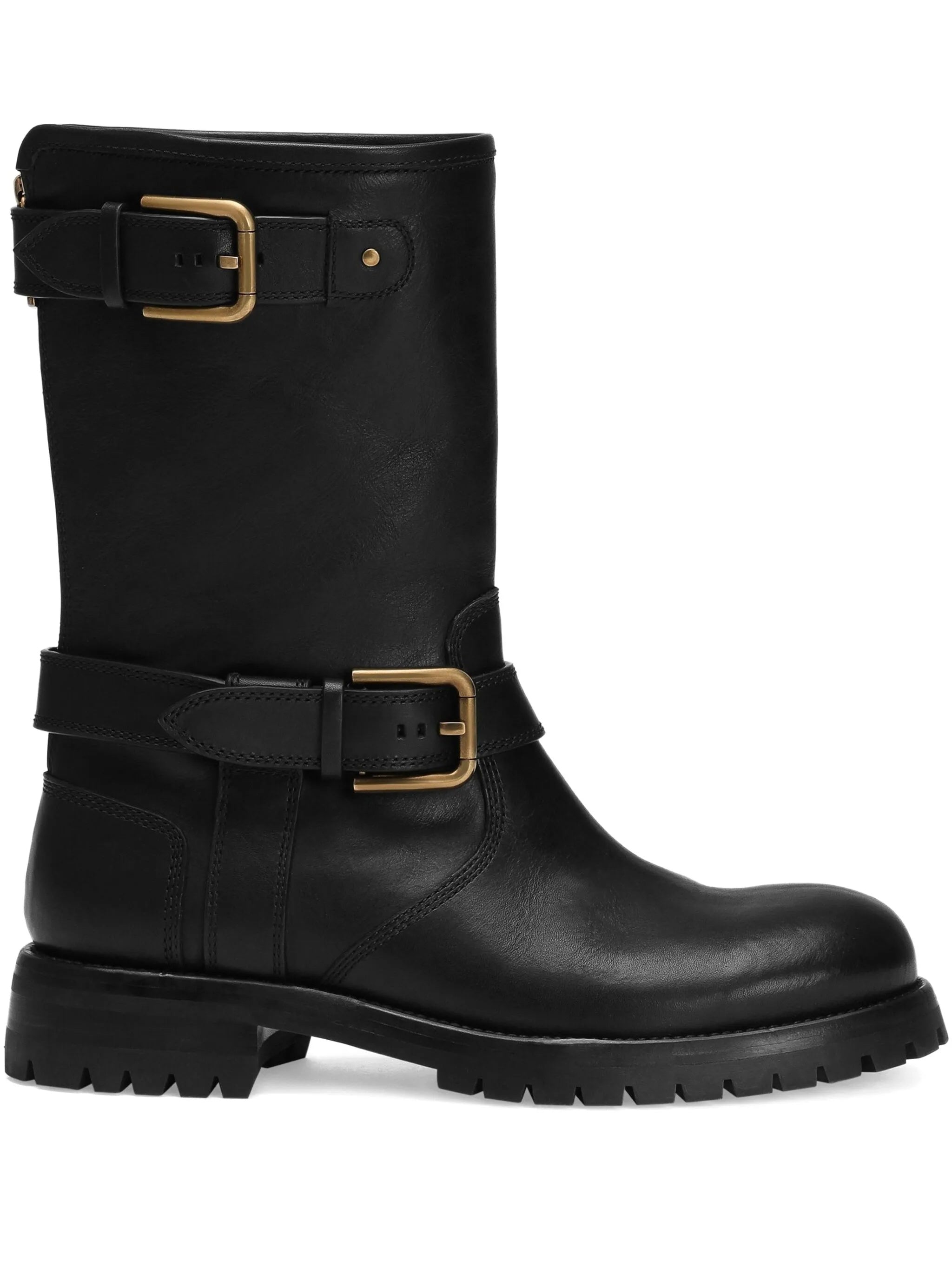 Black Biker Leather Gold Buckle Boots