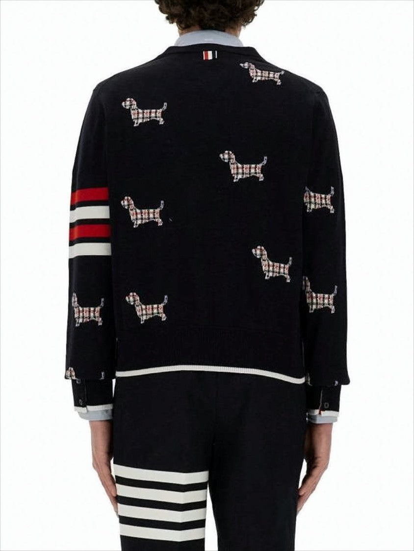 Black Wool Blend Cardigan with Playful Dog Motif