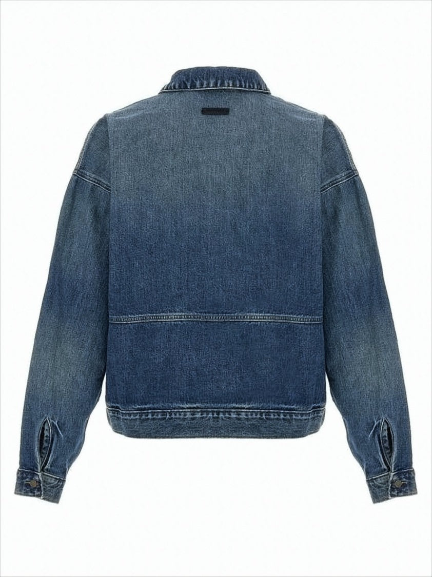 Medium Blue Wash Denim Jacket With Cropped Fit And Whiskering Details