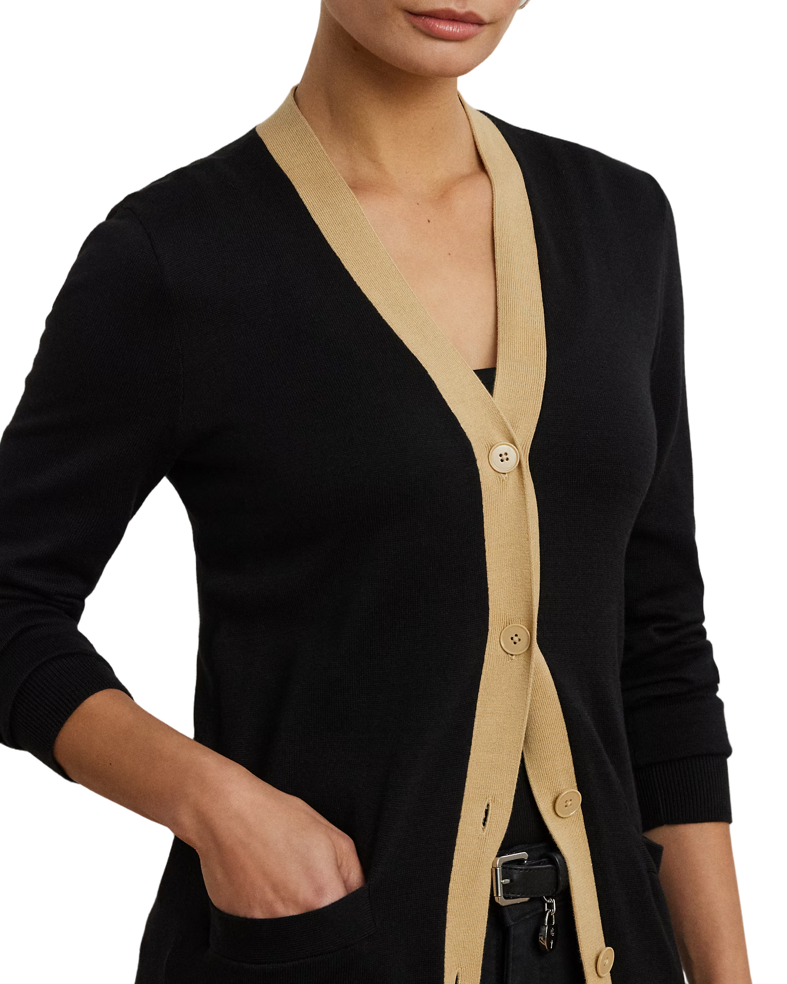 Long Sleeve Cardigan With Birch Tan Trim