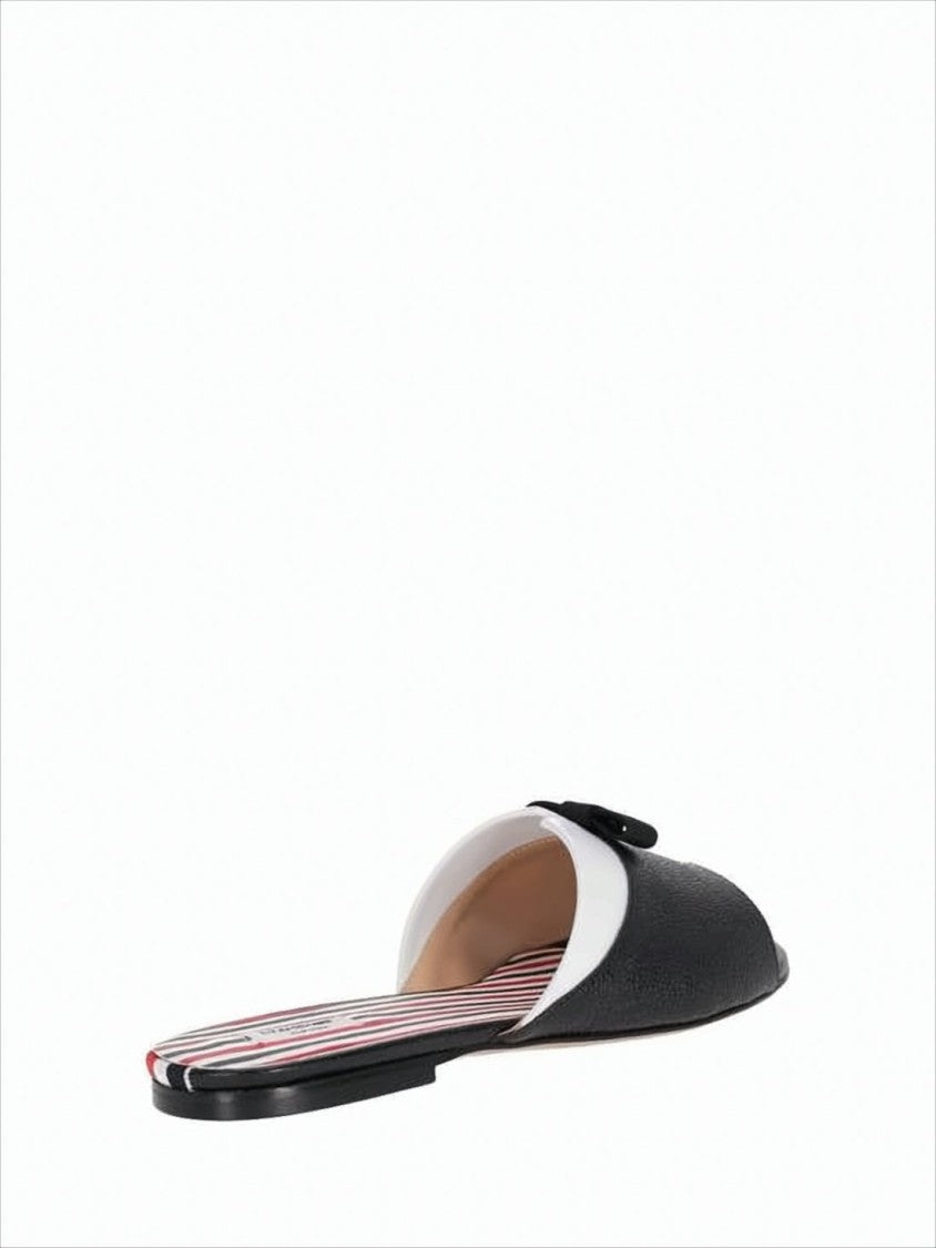 Open-Toe Black Leather Mules with Bow Detail