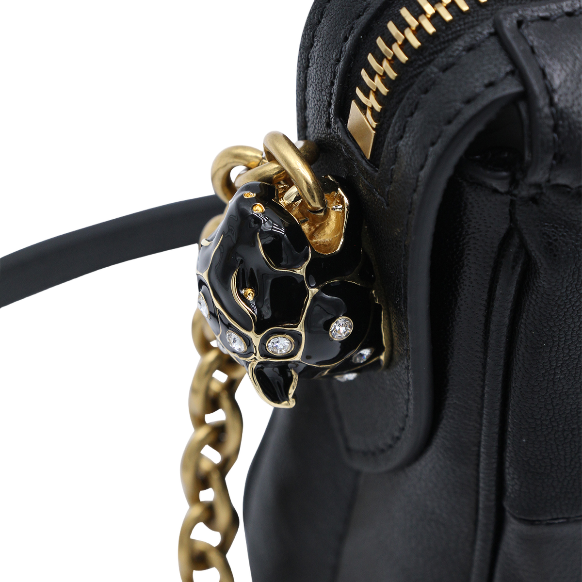 Chevron-Pattern Black Leather Bag with Gold Accents