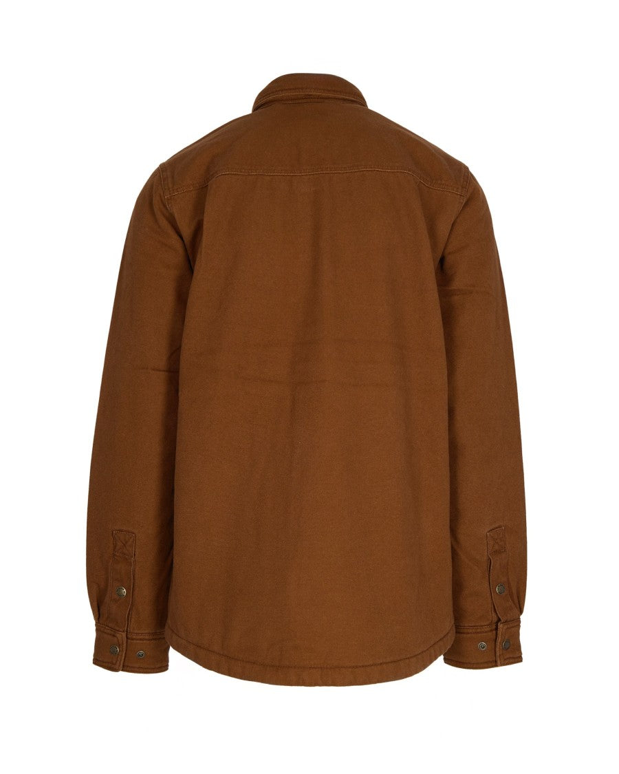 Fleece-Lined Brown Canvas Shirt Jacket With Metal Snap Buttons