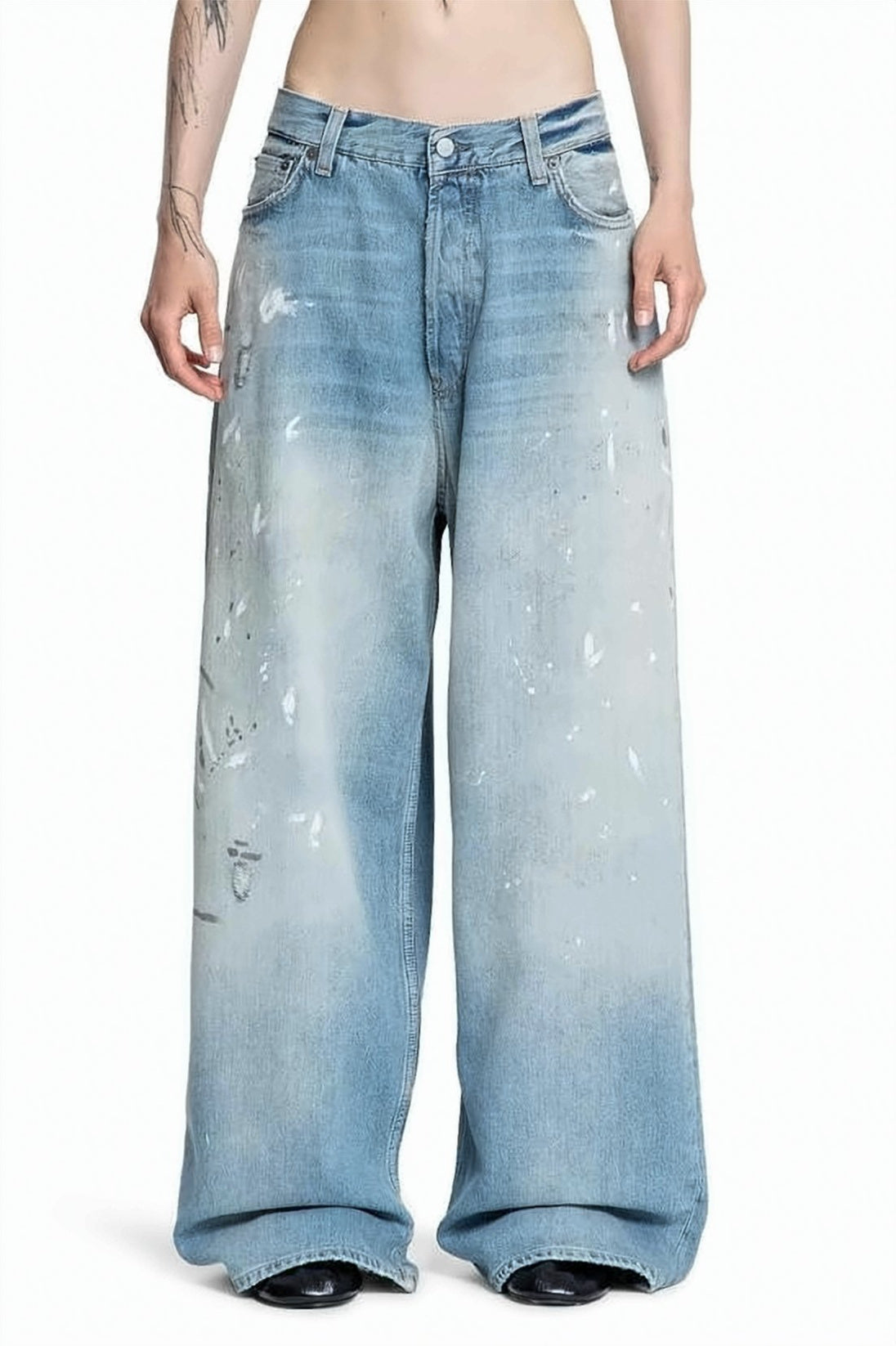 Wide-Leg Light Blue Denim Pants With Distressed Finish