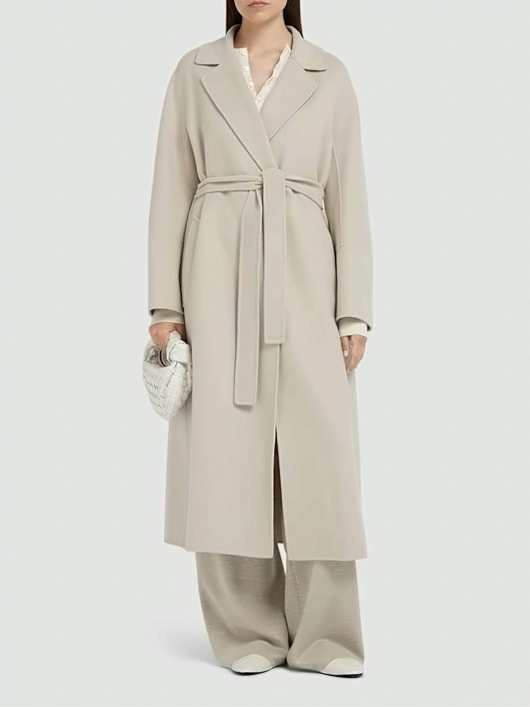 Long Tailored Wool Coat with Wrap Design