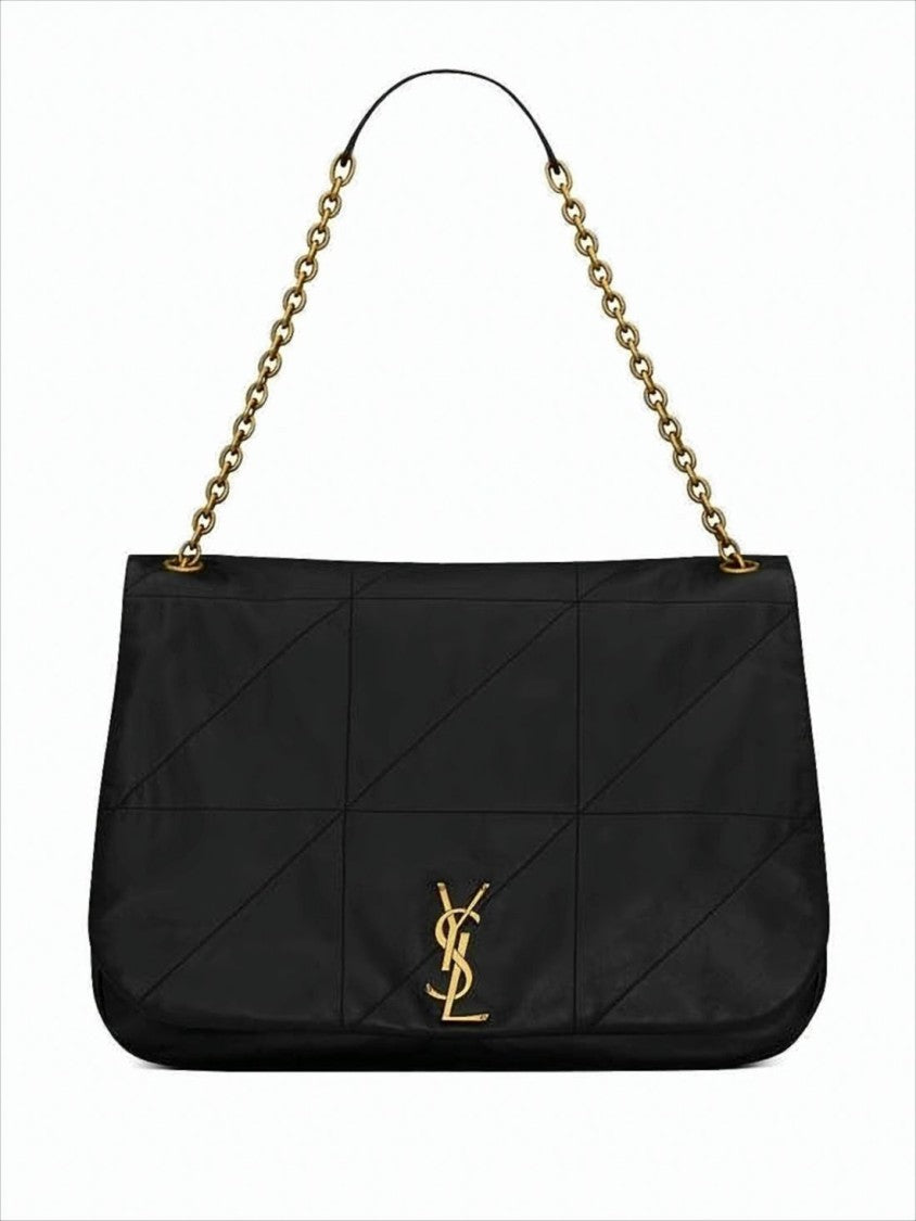 Rectangular Black Lambskin Shoulder Bag with Logo Emblem