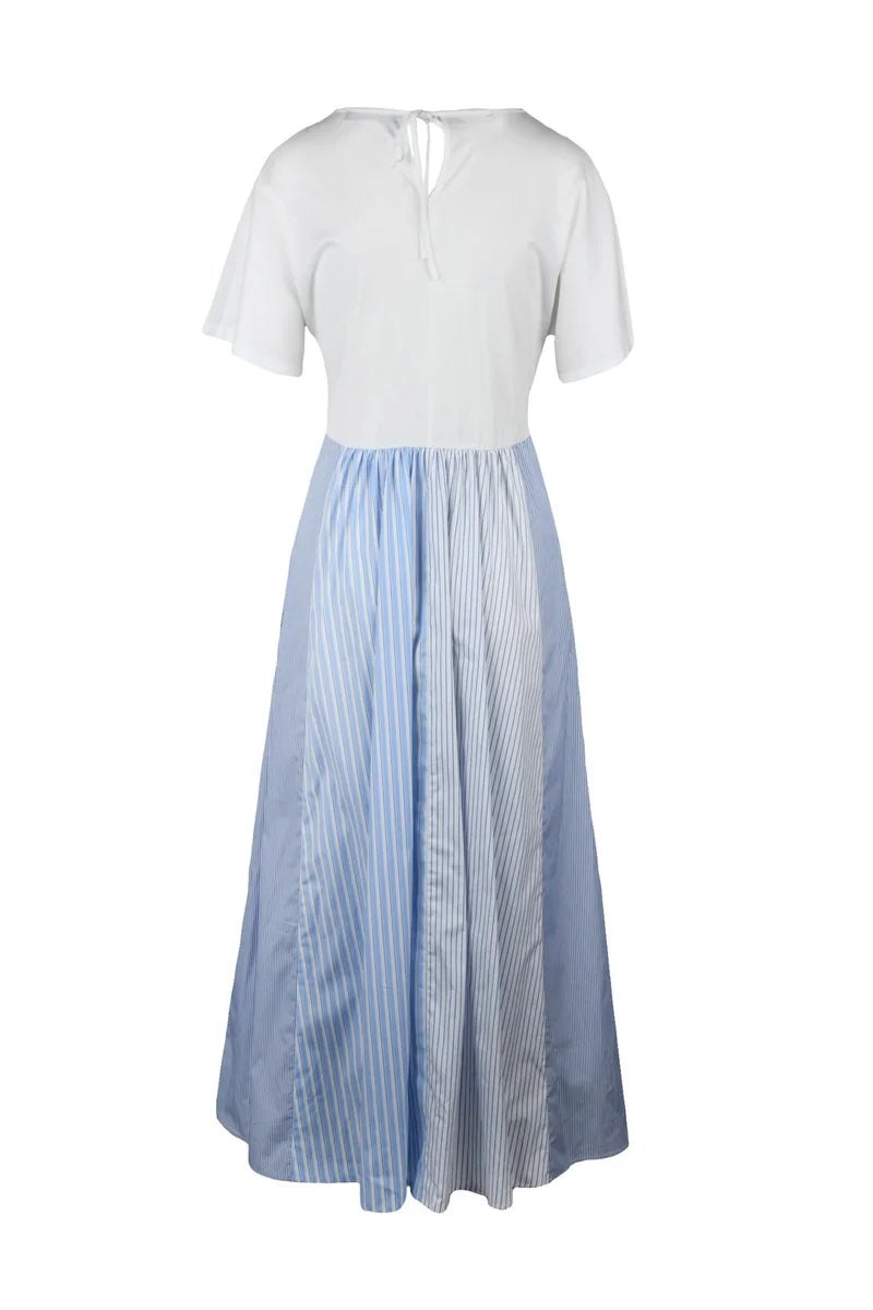 Bronzo Long Dress in Cotton - White/Light Blue