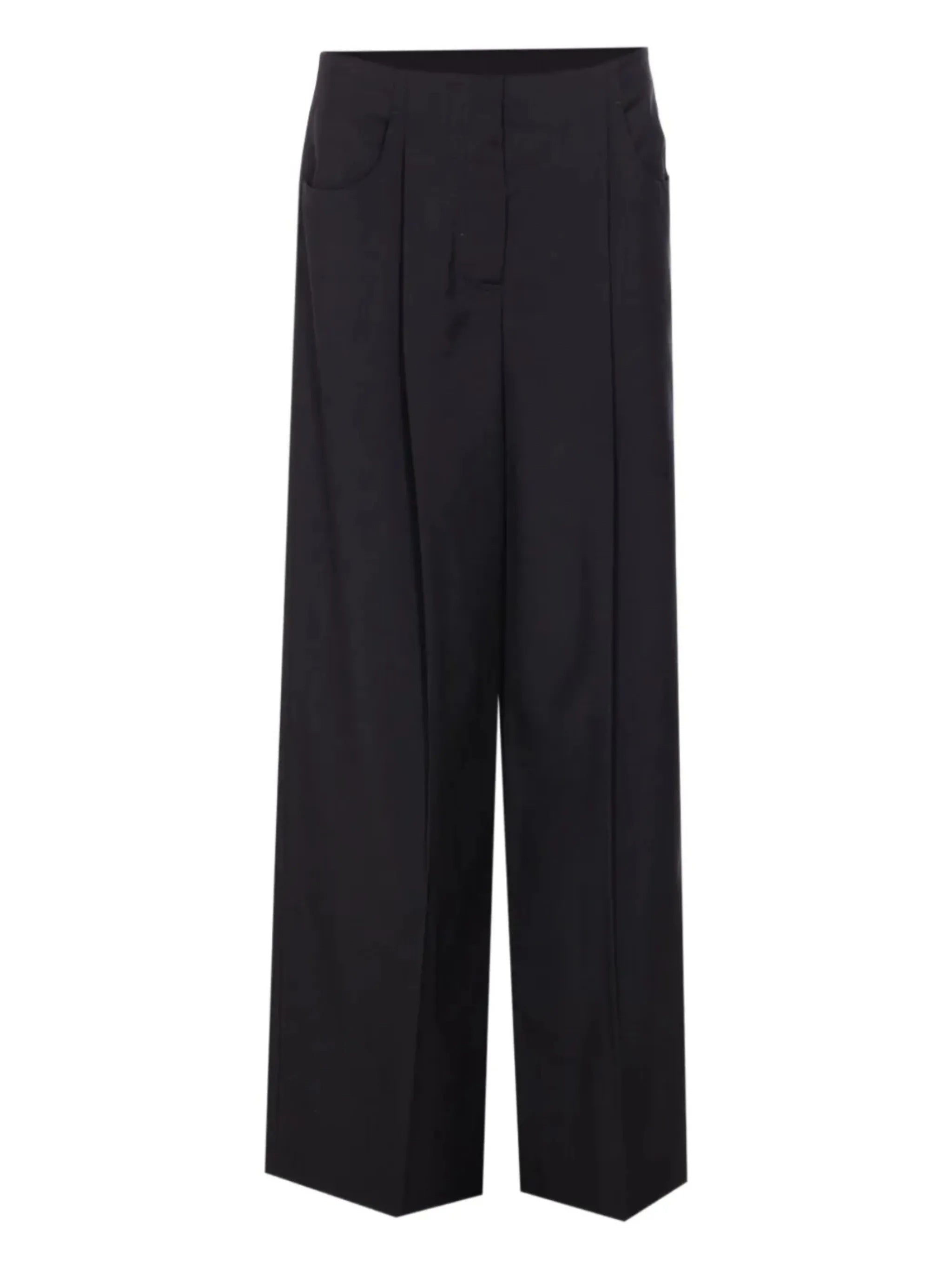 Wide-Leg Cropped Black Wool Tailored Trousers