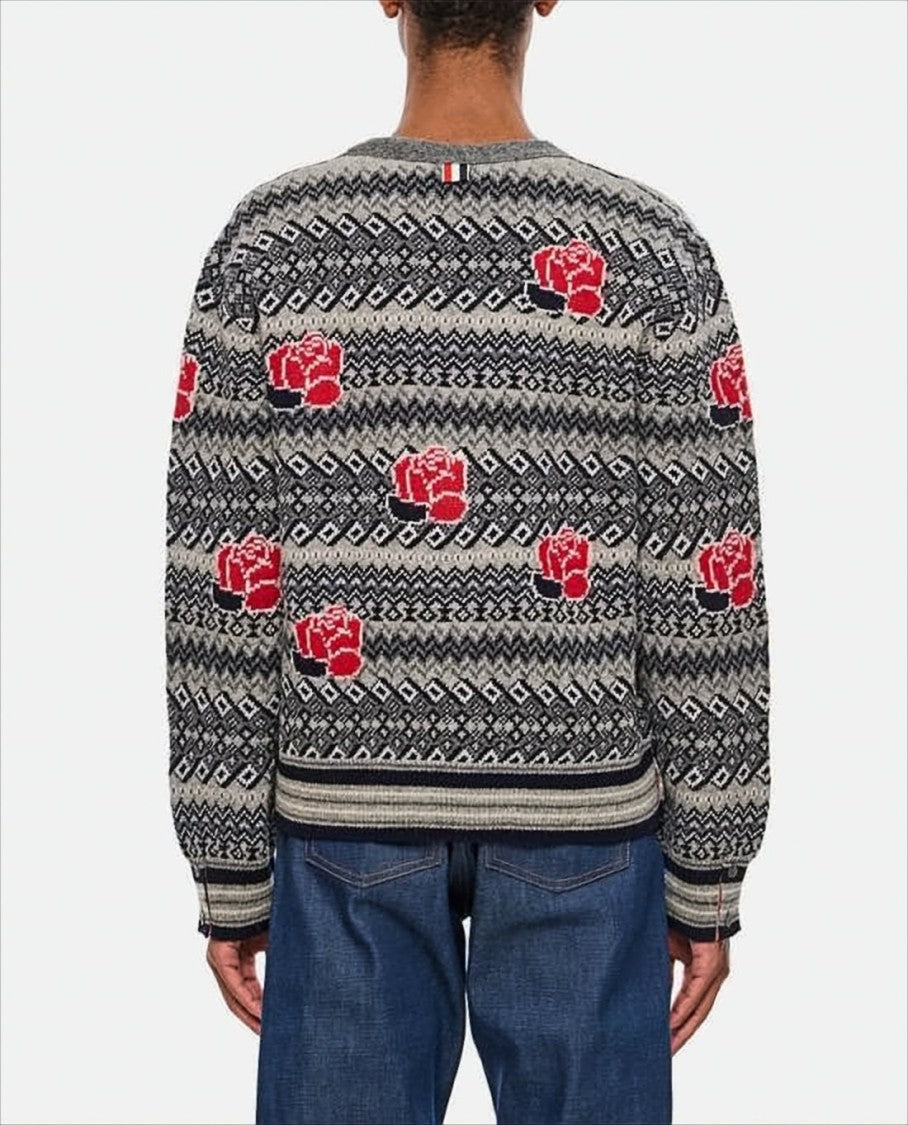 Classic V-Neck Cardigan with Rose and Bird Motif