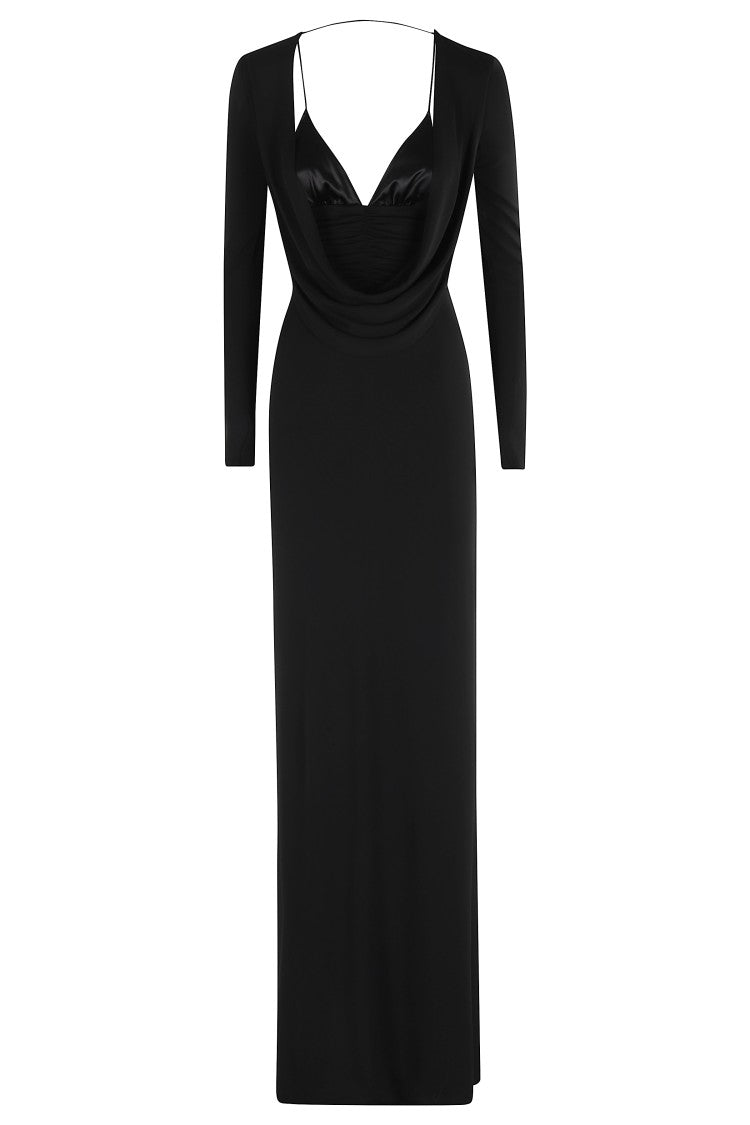 Draped Black Maxi Dress With Deep Neckline