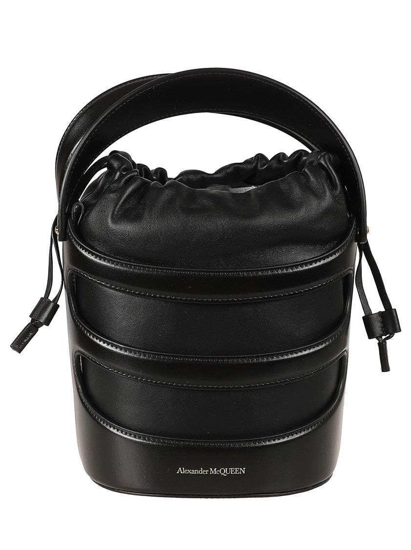 Structured Black Leather Bag With Drawstring Closure
