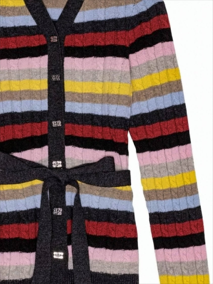 Ribbed Knit Cardigan with Horizontal Stripes and Matching Belt