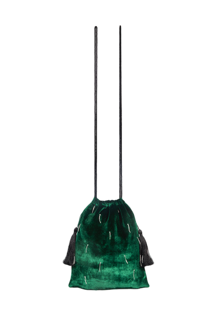 Small Green Velvet Drawstring Bag With Silver Embroidery
