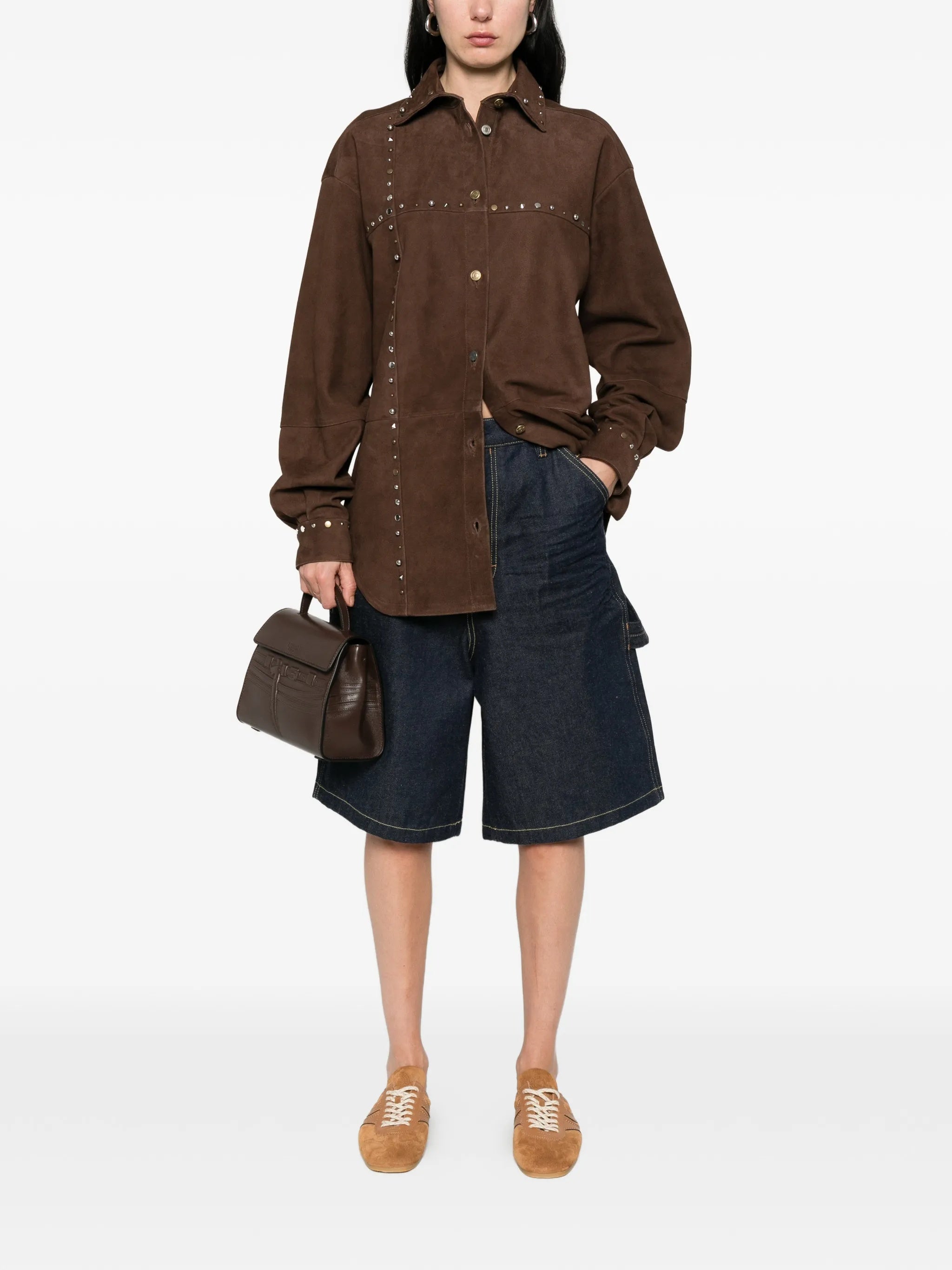 Brown Suede Shirt With Metallic Stud Detailing