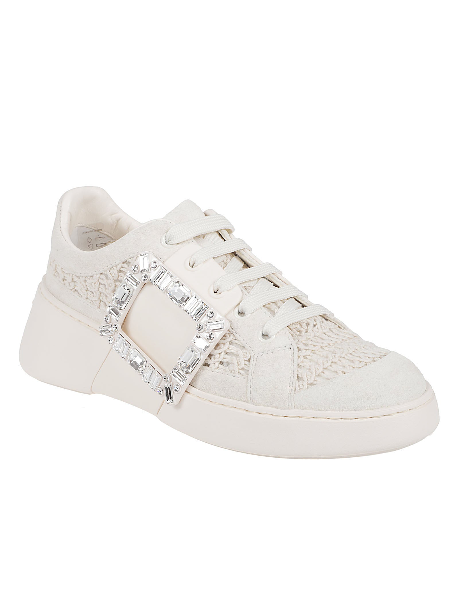 Textured Knit and Leather Sneakers with Crystal-Embellished Buckle