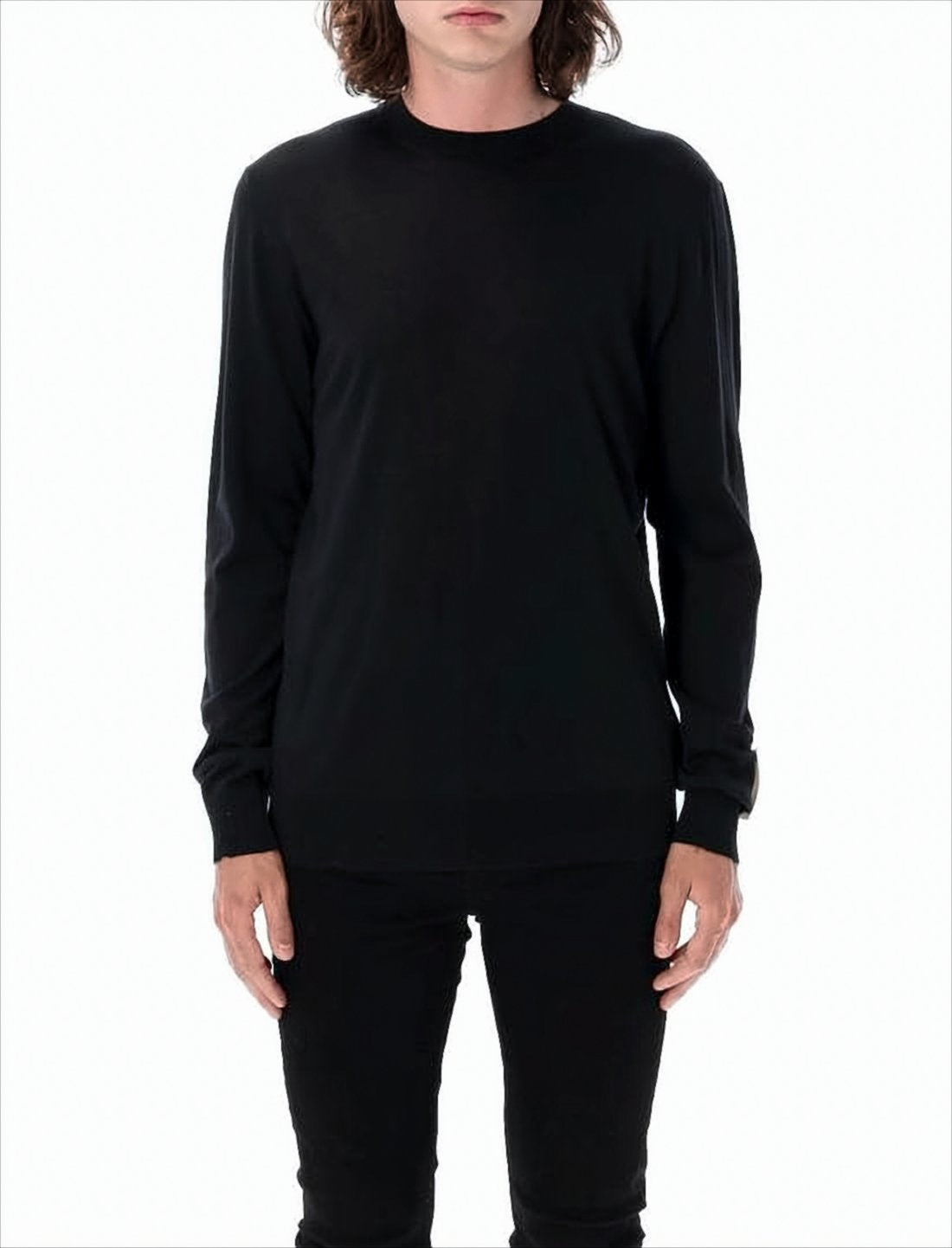 Classic Long-Sleeve Wool Sweater with Ribbed Cuffs
