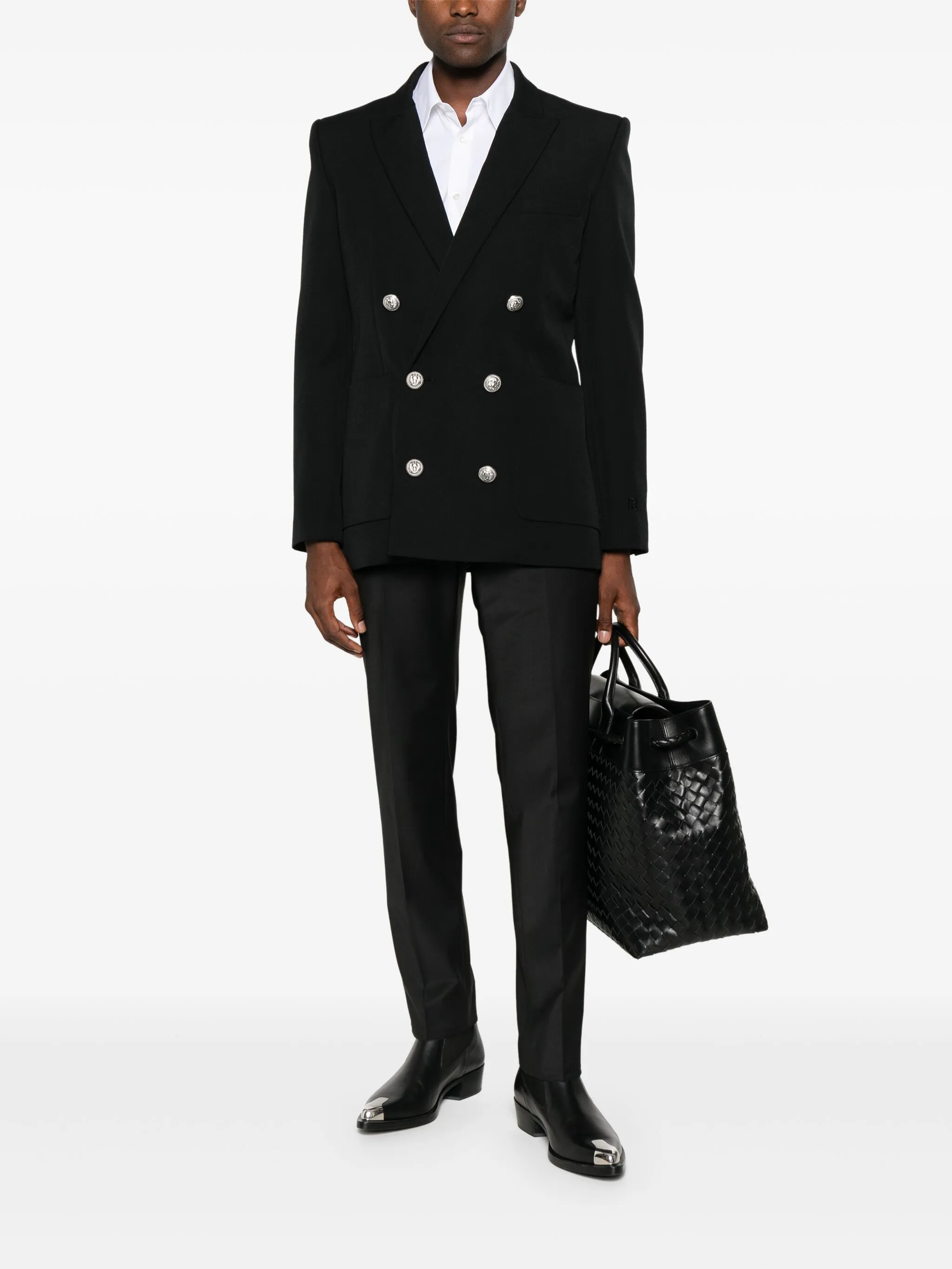 Black Fitted Collection Double-Breasted Wool Blazer