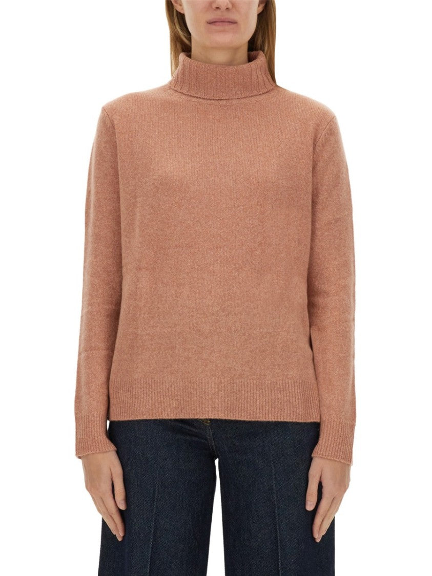 High-Neck Wool Jersey With Ribbed Hem