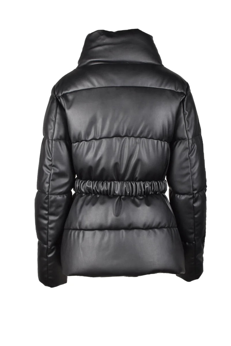 Black Faux Leather Down Jacket