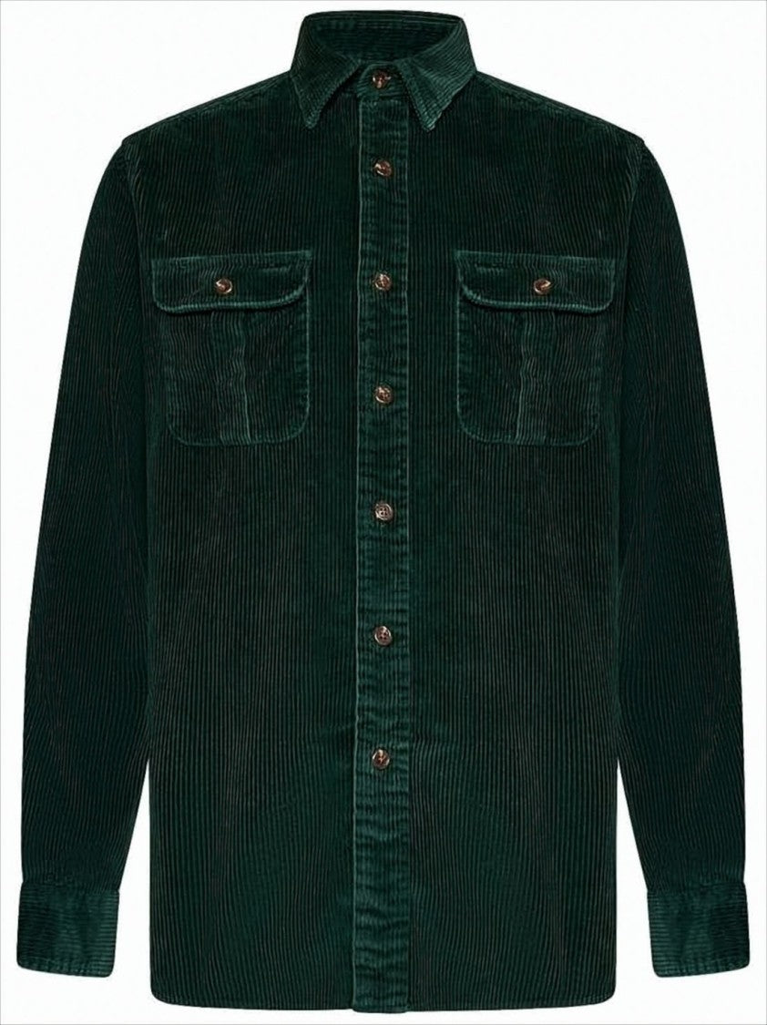 Long-Sleeve Corduroy Shirt with Elbow Patches and Classic Collar