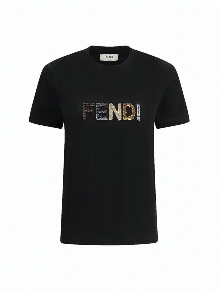 Czarny T-shirt z krótkim rękawem i cekinowym logo z efektem gradientu