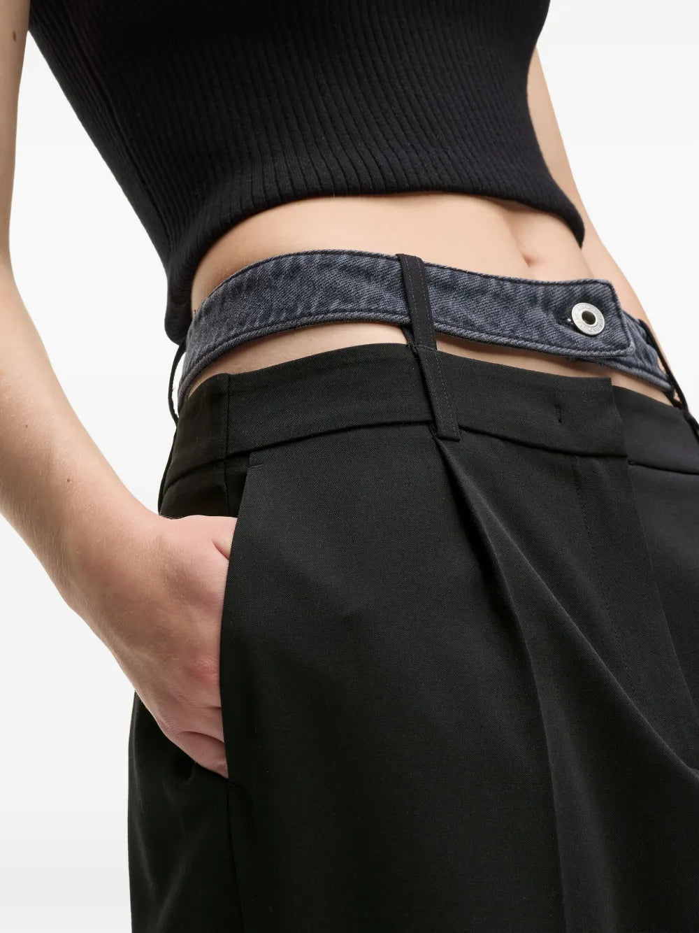Wide-Leg High-Waisted Tailored Pants with Denim-Inspired Belt
