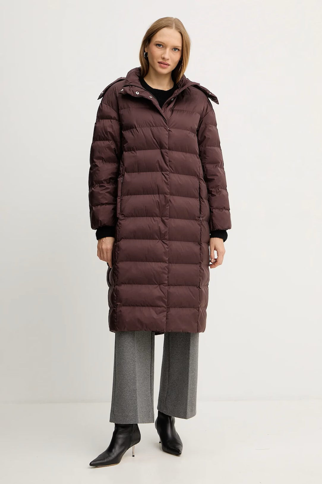 Burgundy Quilted Long Coat With Adjustable Hood