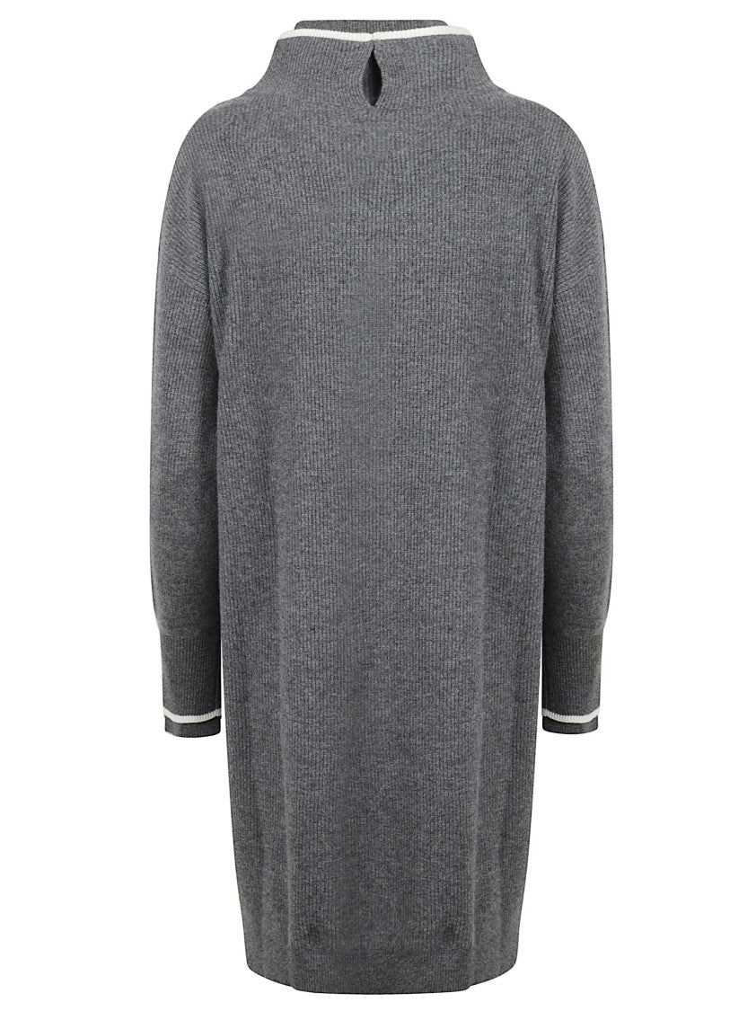 Grey Ribbed Knit Dress With High Neck