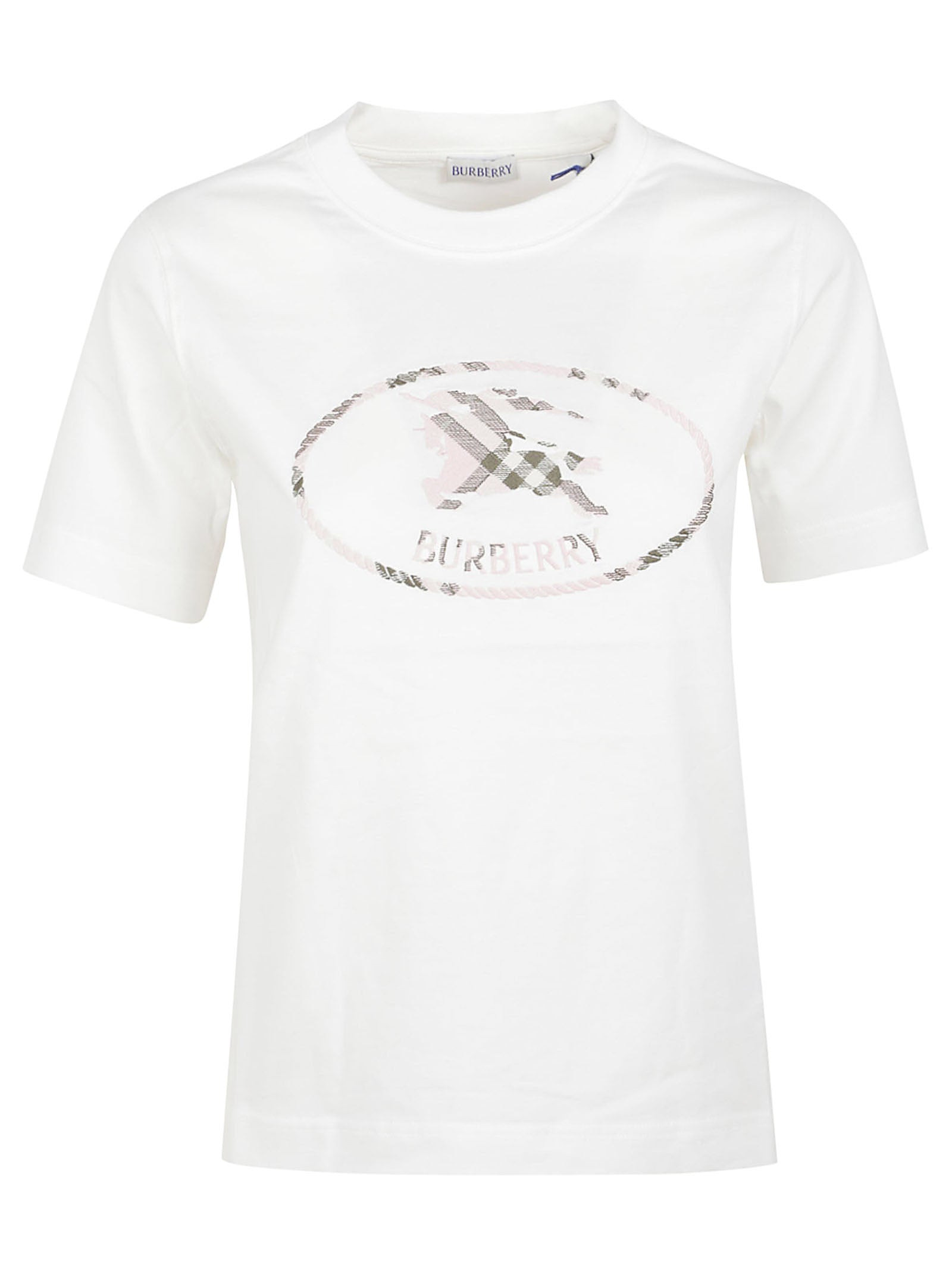 White Short-Sleeve T-Shirt with Subtle Plaid Emblem