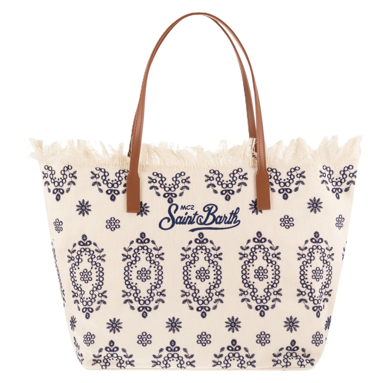 Spacious Cream Tote Bag with Navy Embroidery