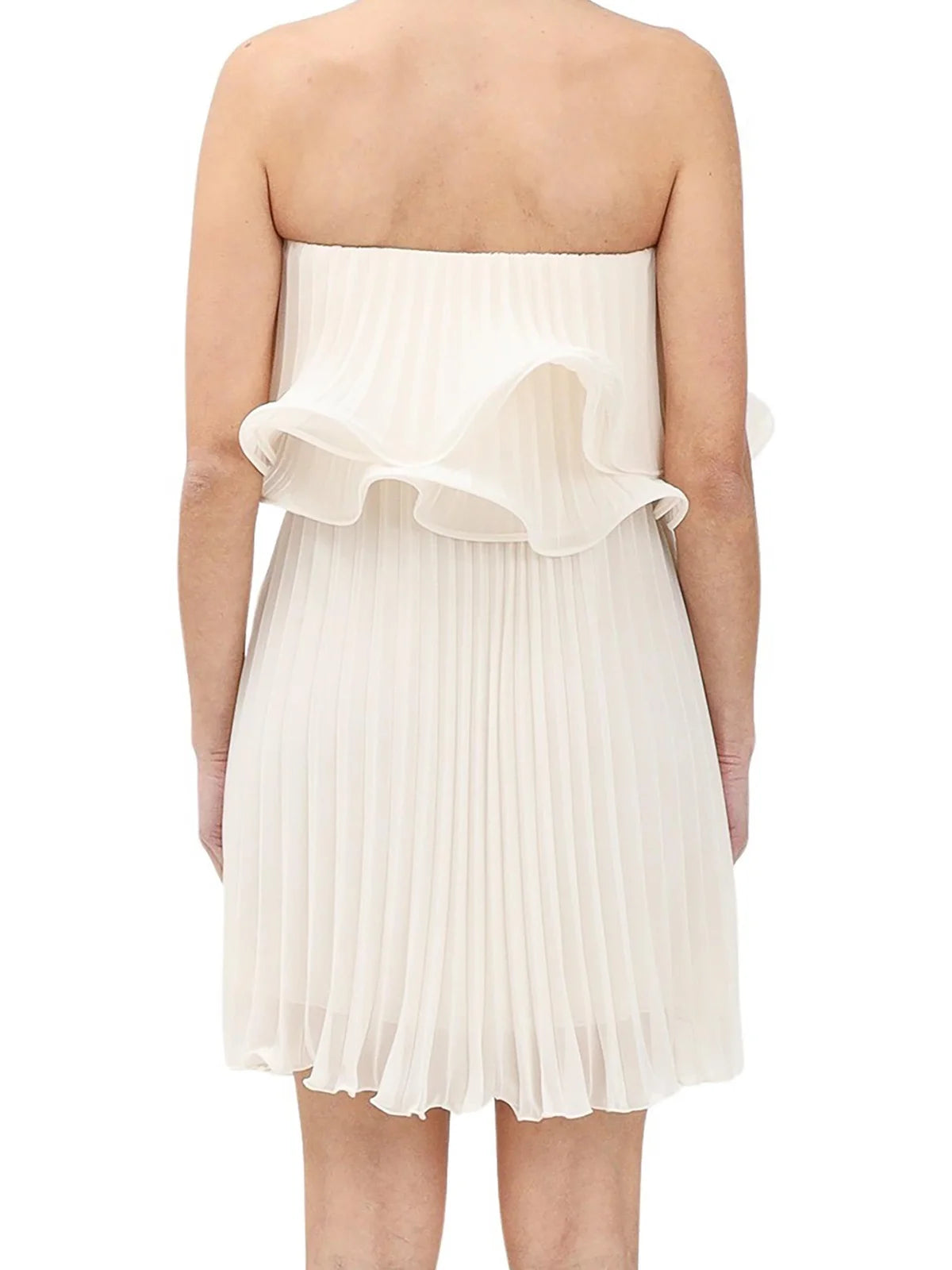 White Polyester Pleated Mini Dress