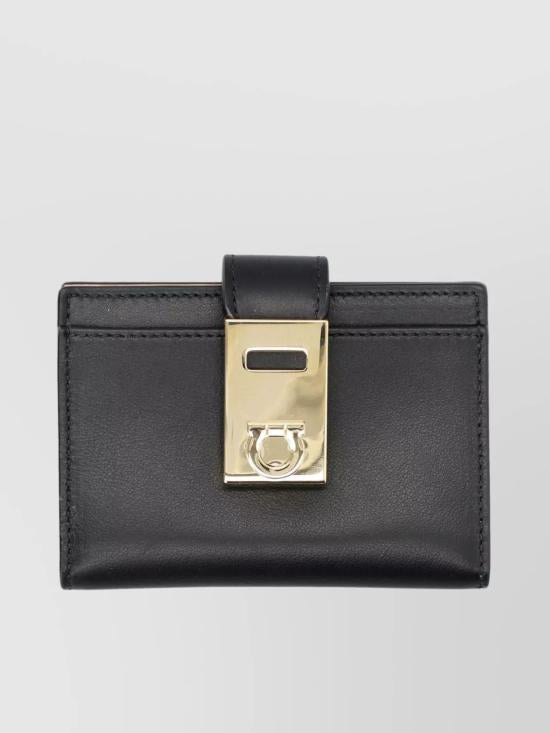 Polished Black Calf Leather Wallet with Metallic Clasp