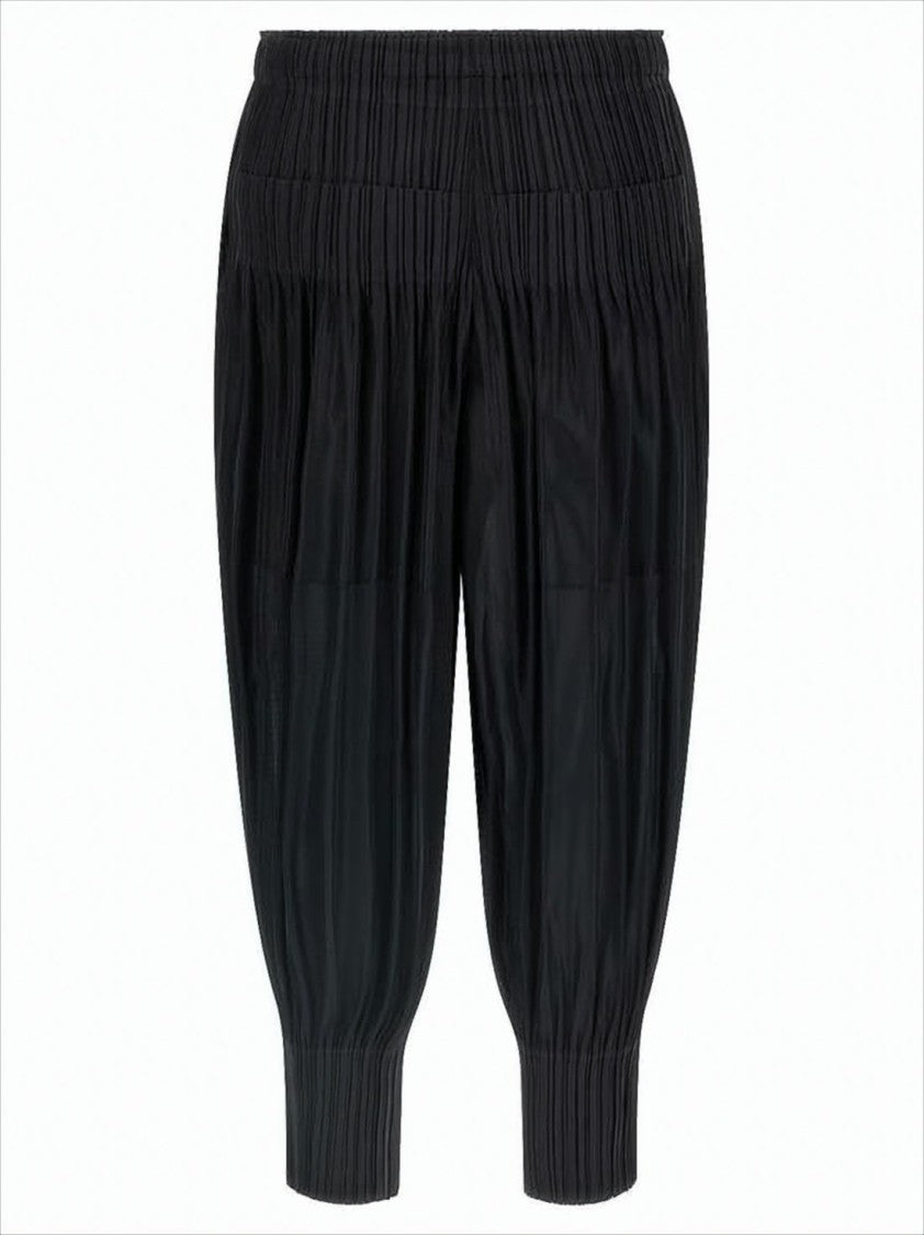 Pleated Design Cropped Pants with Elastic Waist