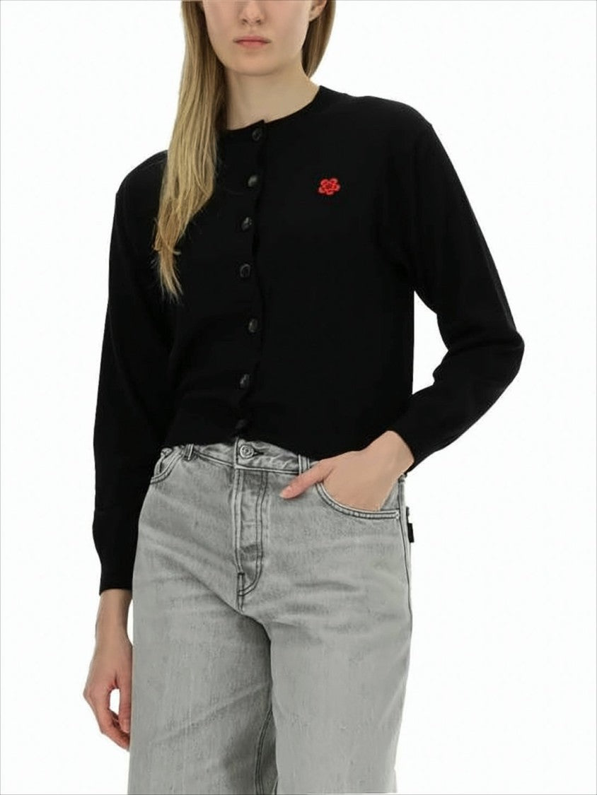 Classic Black Wool Cardigan With Round Neckline And Button Front