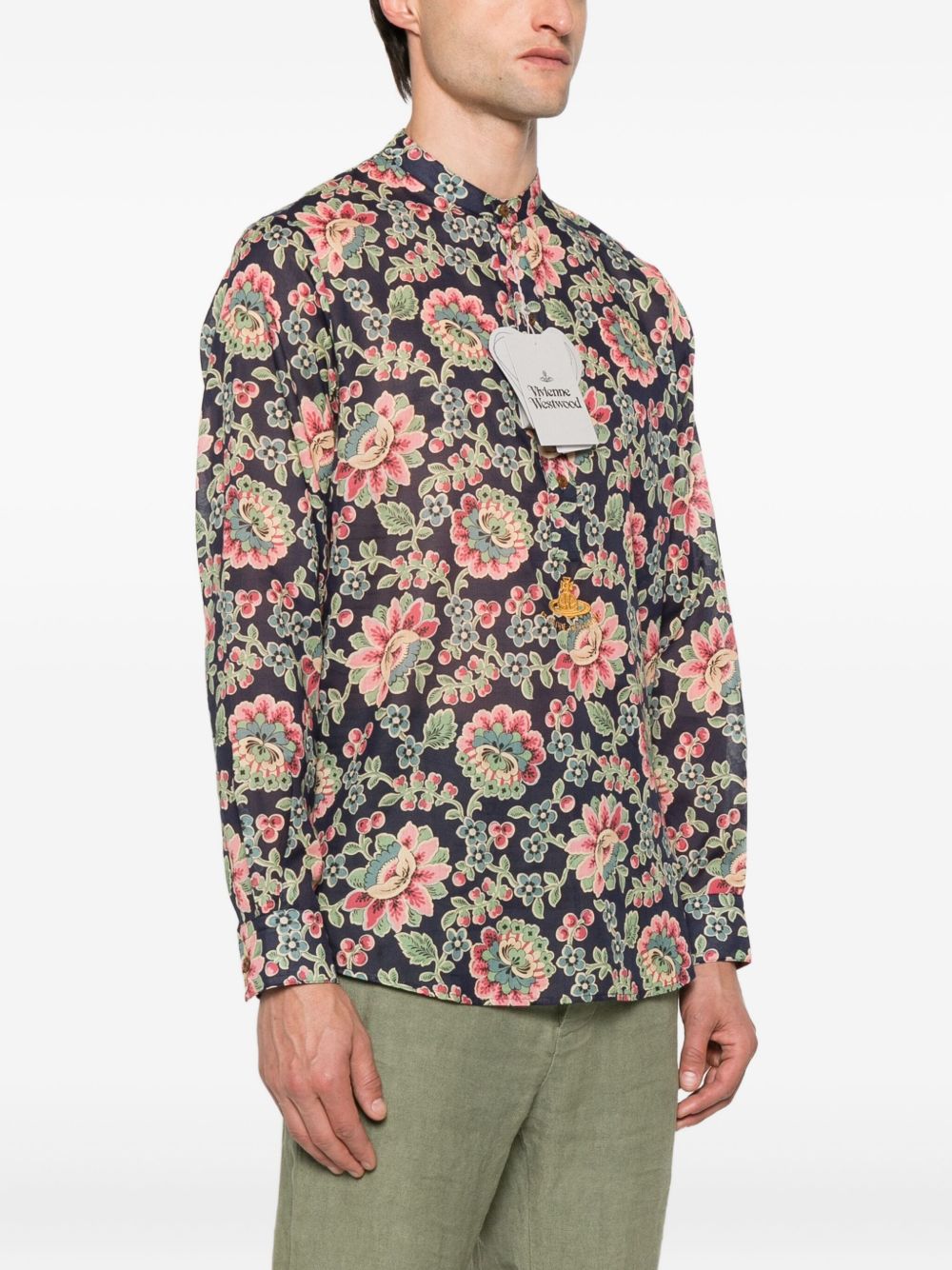 Dark Blue Floral Print Mock Neck Shirt