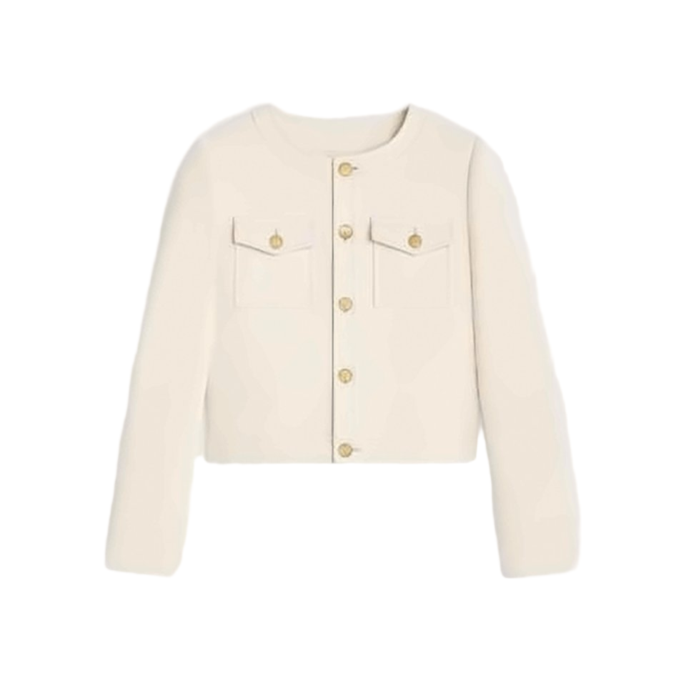 Collarless Minimalist Jacket with Gold-tone Buttons and Flap Pockets