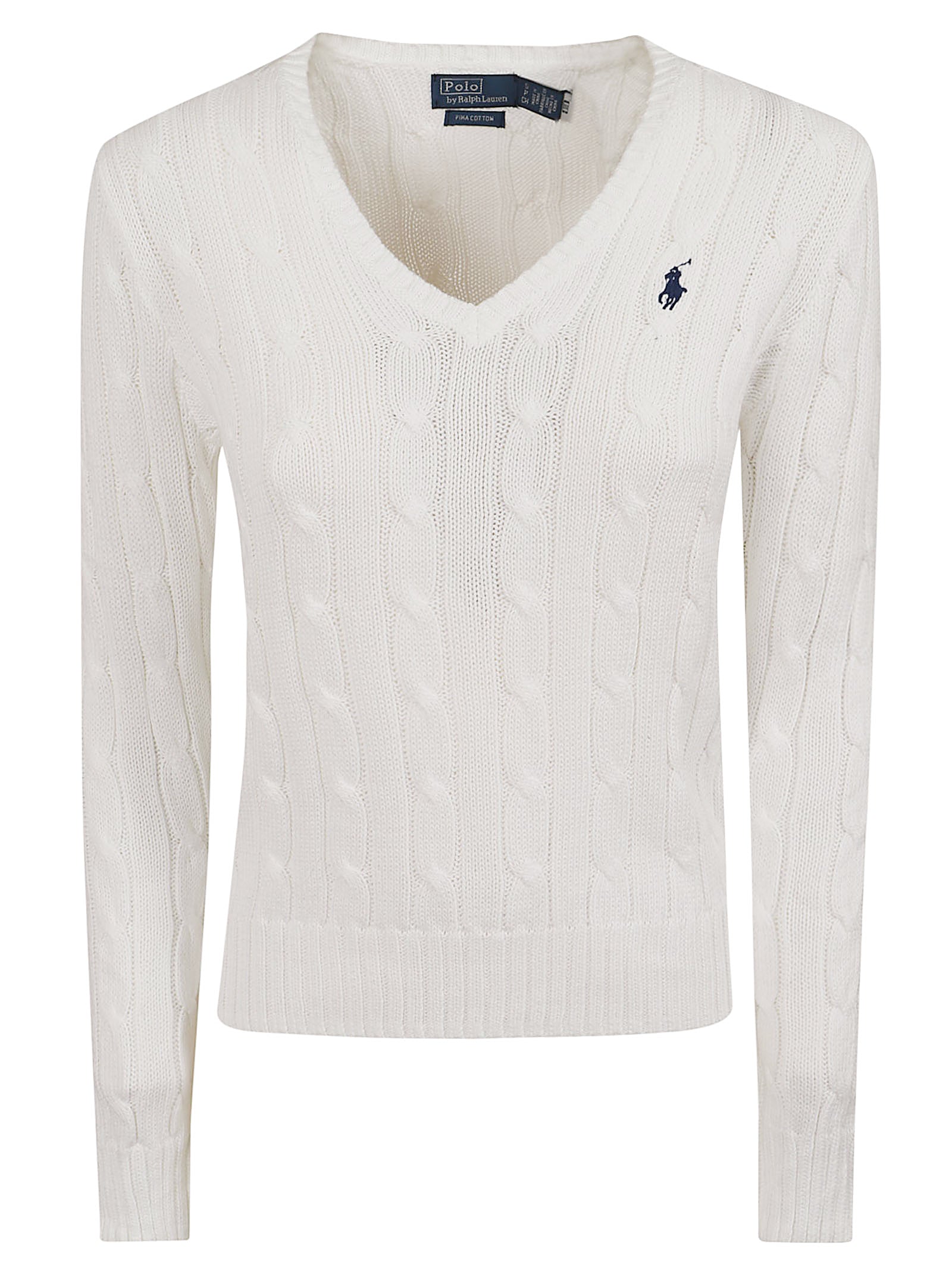 Fitted White Cable-Knit V-Neck Sweater