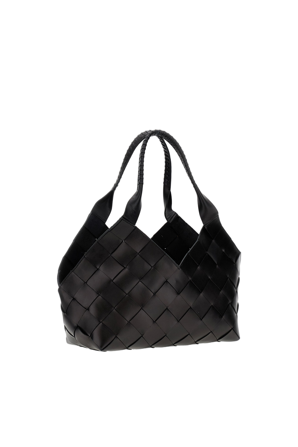 Black Woven Leather Castello Bag With Dual Handles