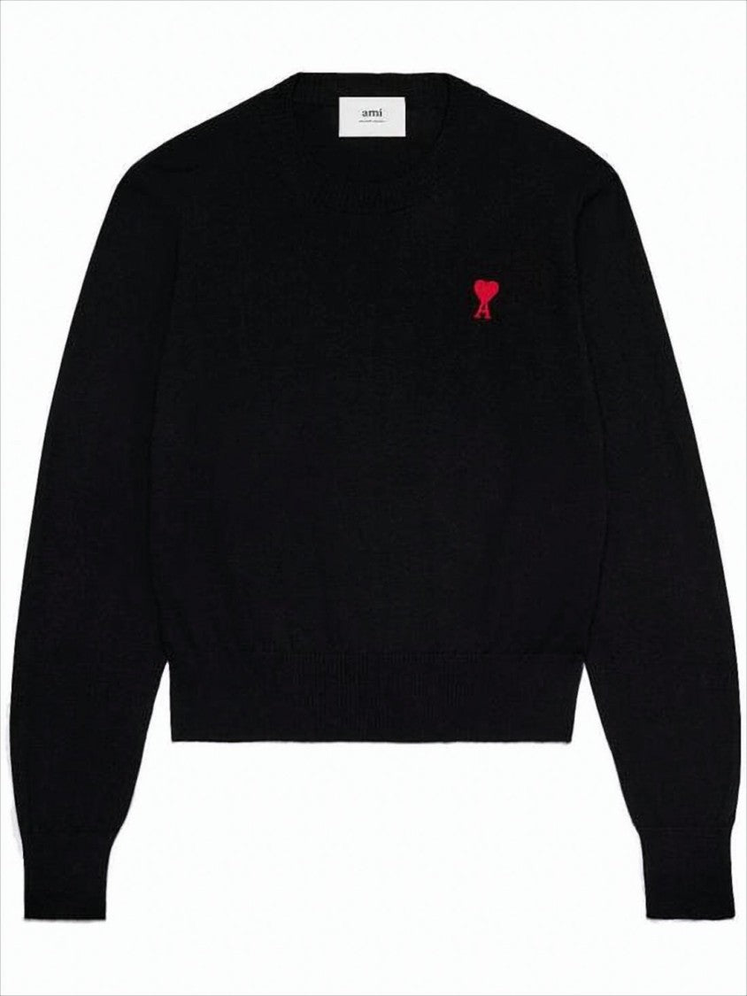 Fitted Black Merino Wool Sweater with Heart Logo