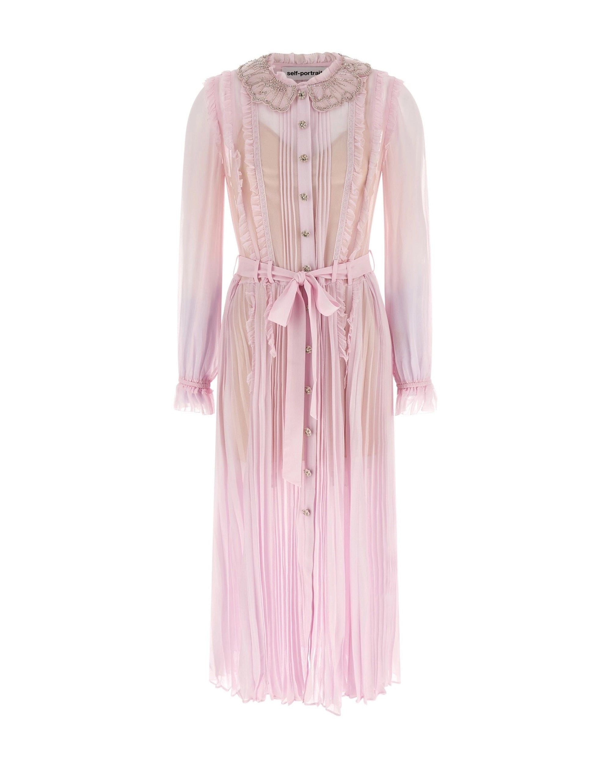 Midi Dress with Jewel-Embellished Collar and Pleated Detail