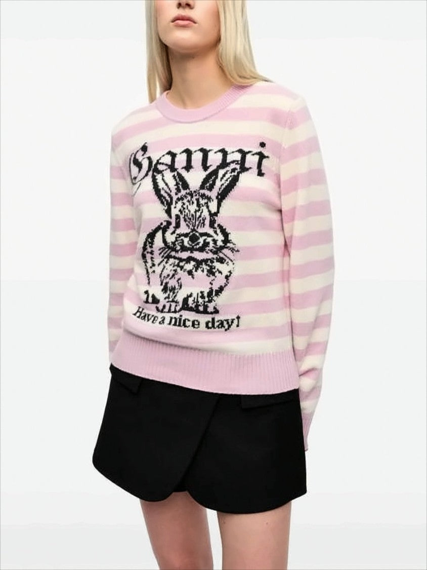 Playful Pastel Knit Sweater With Bunny Graphic