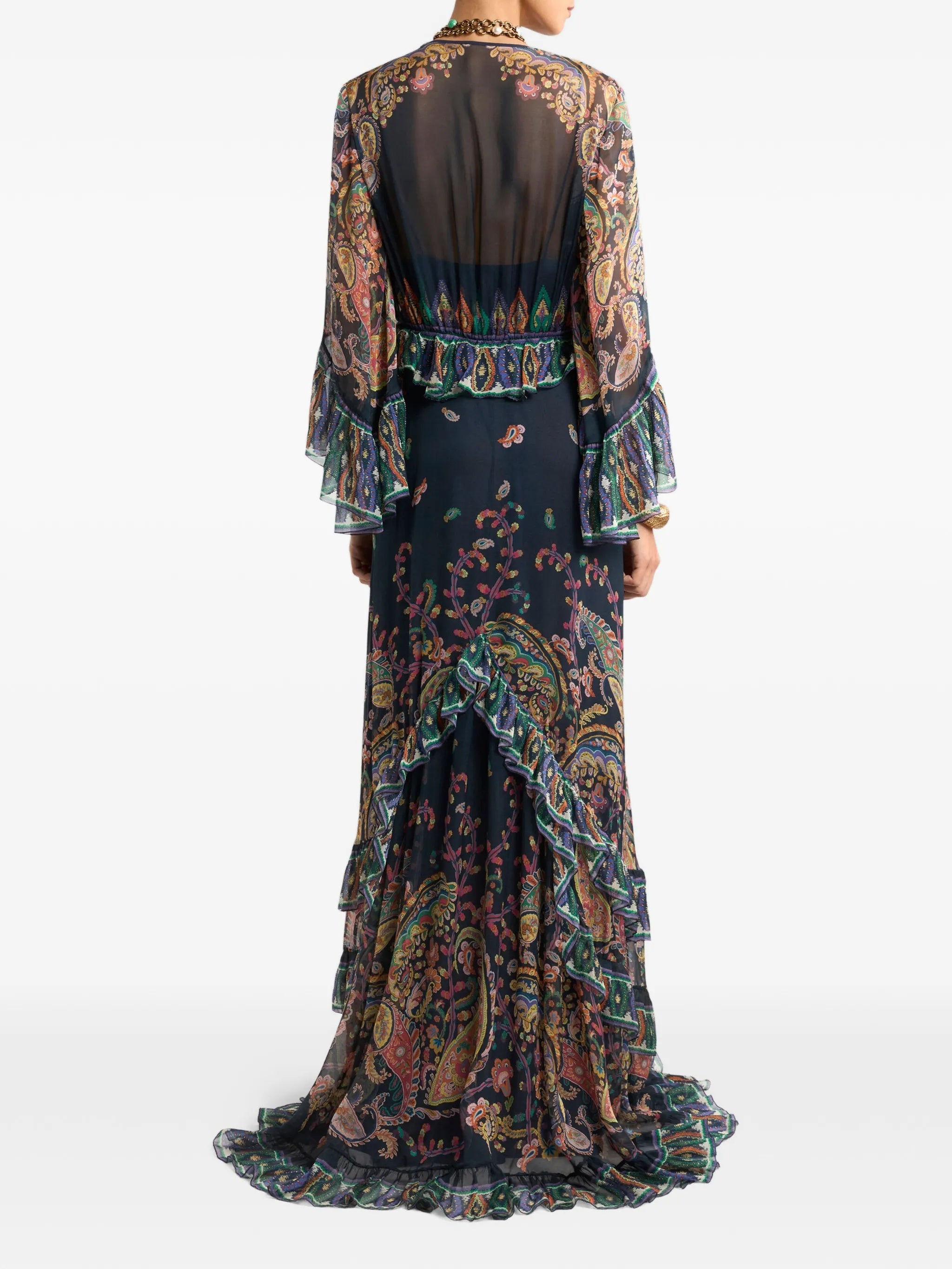 Black Maxi Flared Paisley Ruffled Dress