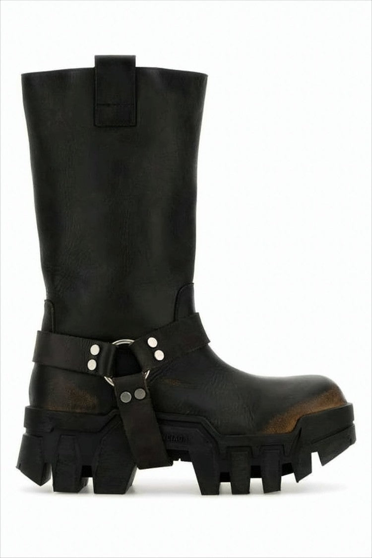 Mid-Calf Black Calf Leather Boots with Harness Strap and Chunky Sole